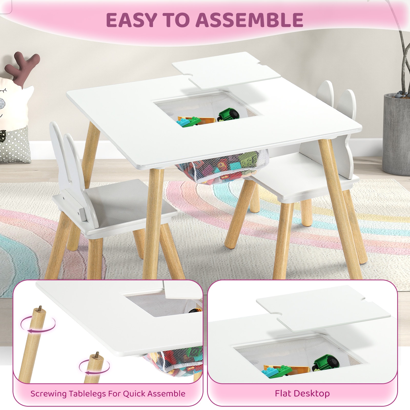 JOYMOR Kids Table and 2 Chairs Set with Storage Bunny Ear Design 3 in 1 ...