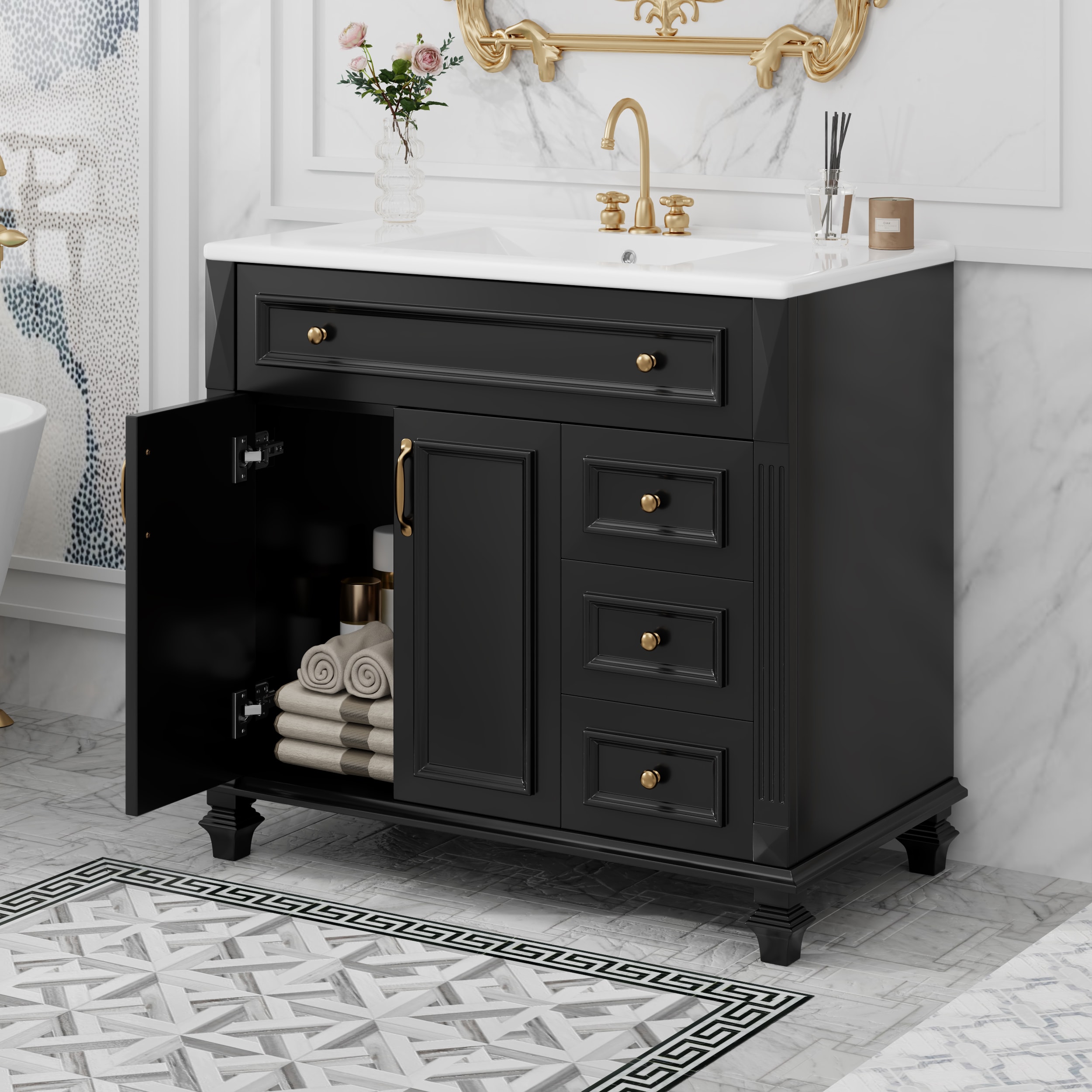 WELLFOR WA-6048DH Flip Drawer Unassembled Bathroom Vanity 36-in Black Single Sink Bathroom Vanity with White Ceramic Top