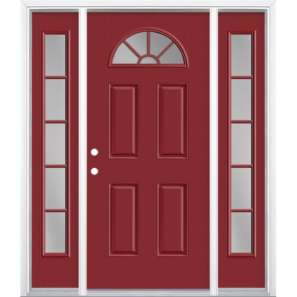 Masonite 1218442 60-in x 80-in x 4-9/16-in Fiberglass 1/4 lite Right-hand inswing Roma Red Painted Prehung Front Door with Sidelights with Brickmould Insulating core with Grilles