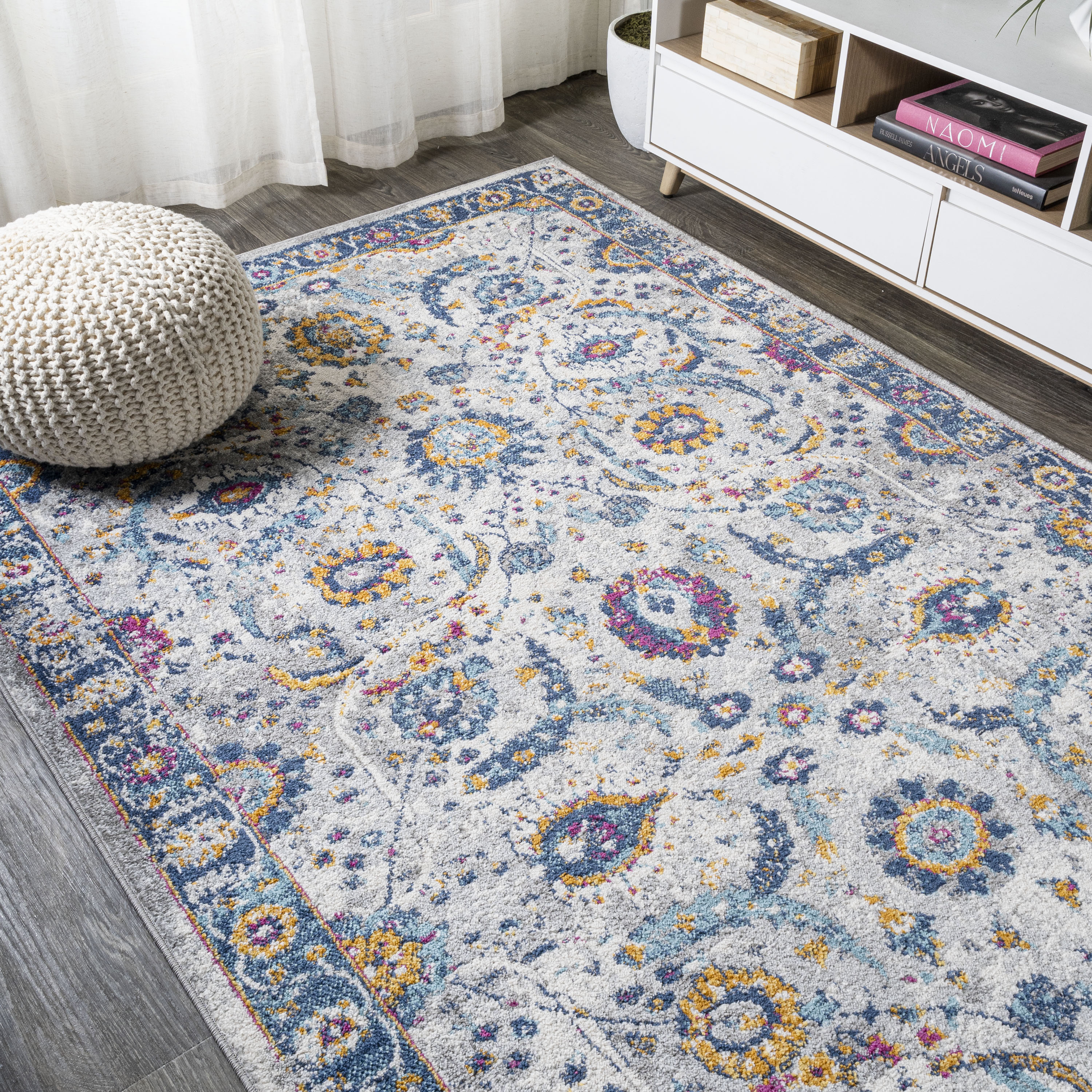 Izil Light Gray and Blue Synthetic Persian Area Rug, 8' x 10'