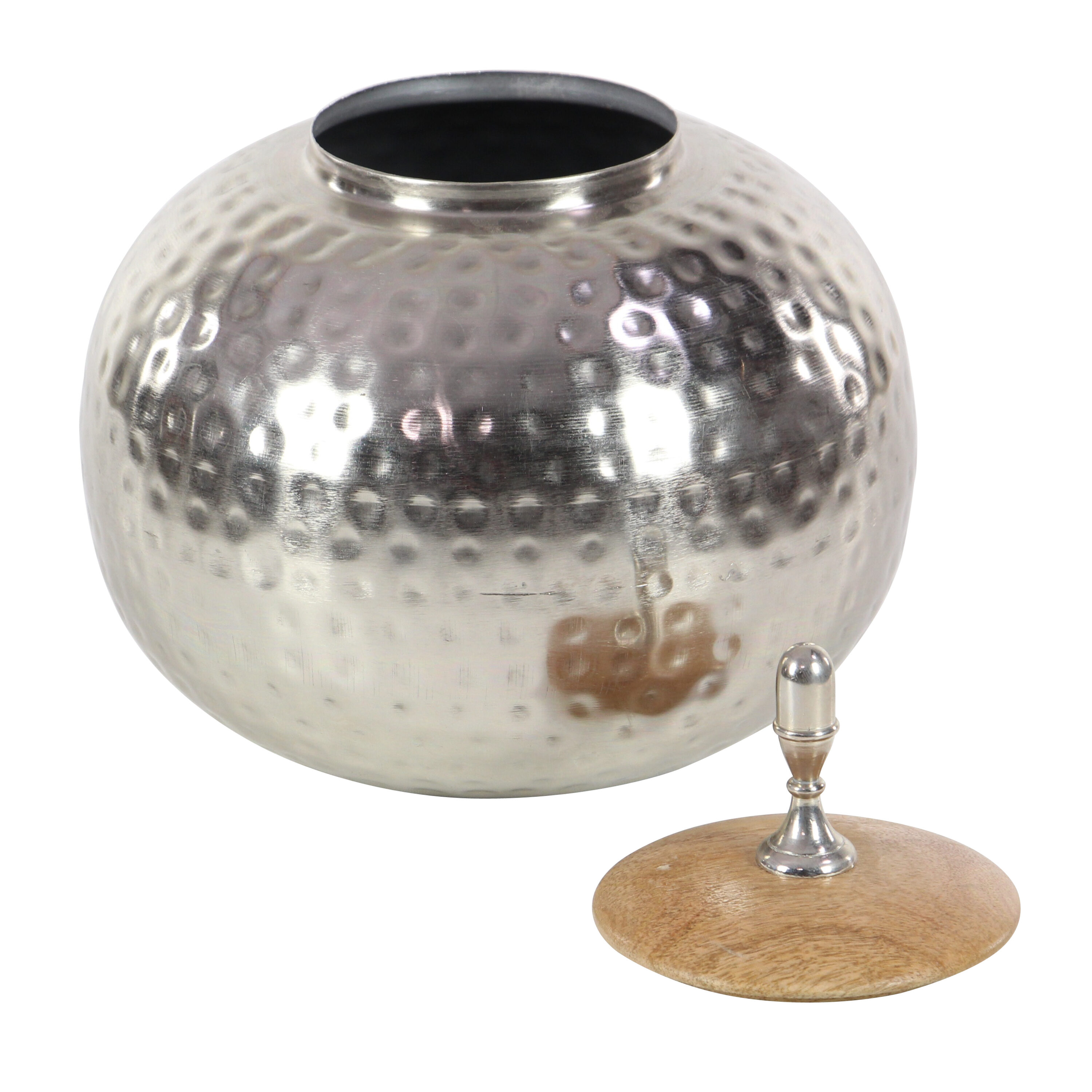 Silver Hammered Metal Decorative Jar with Wood Lid