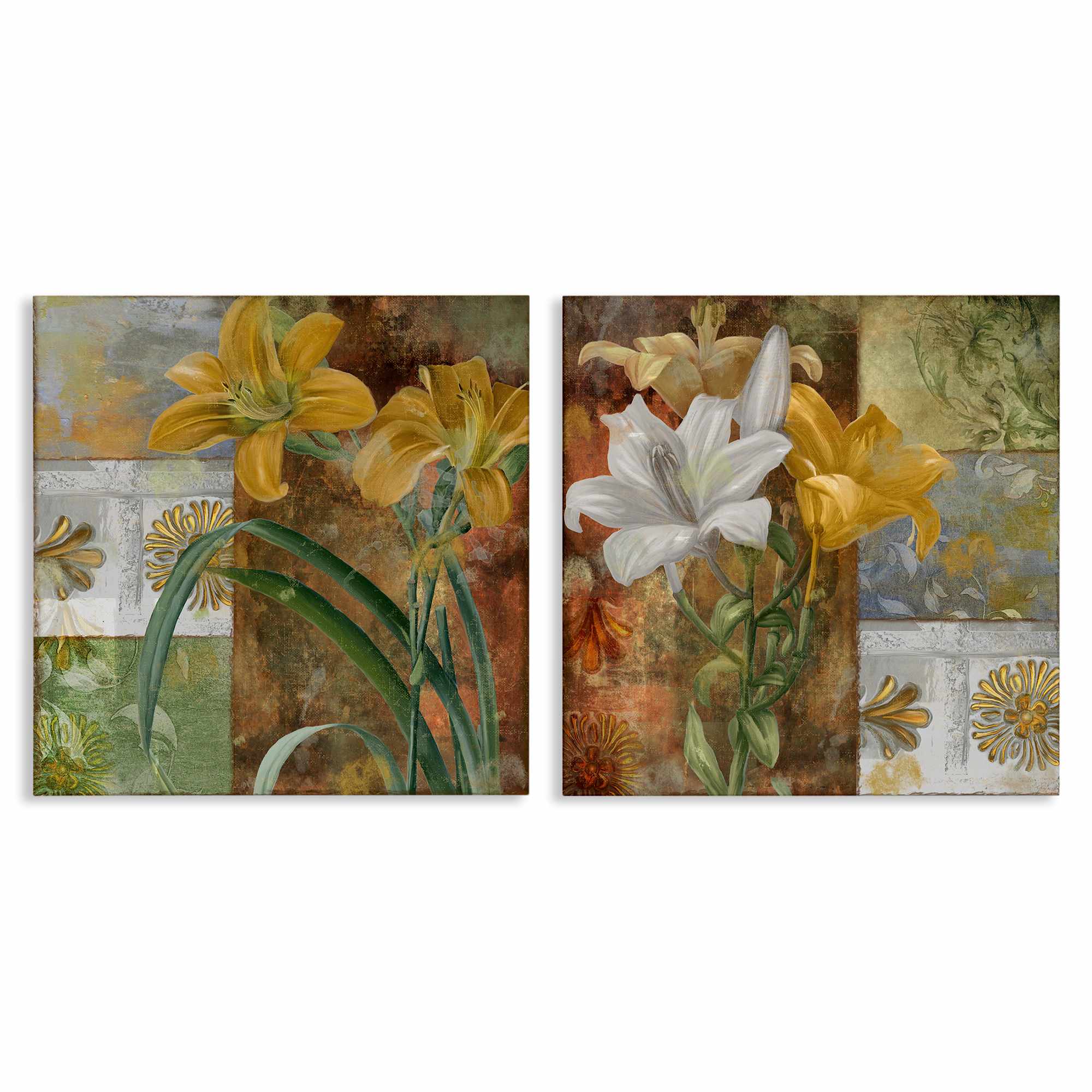Stupell Industries B2-809-CN-2PC-17X17 Lilies and Vintage Tile Patterns 2pc Canvas Set design by Sasha