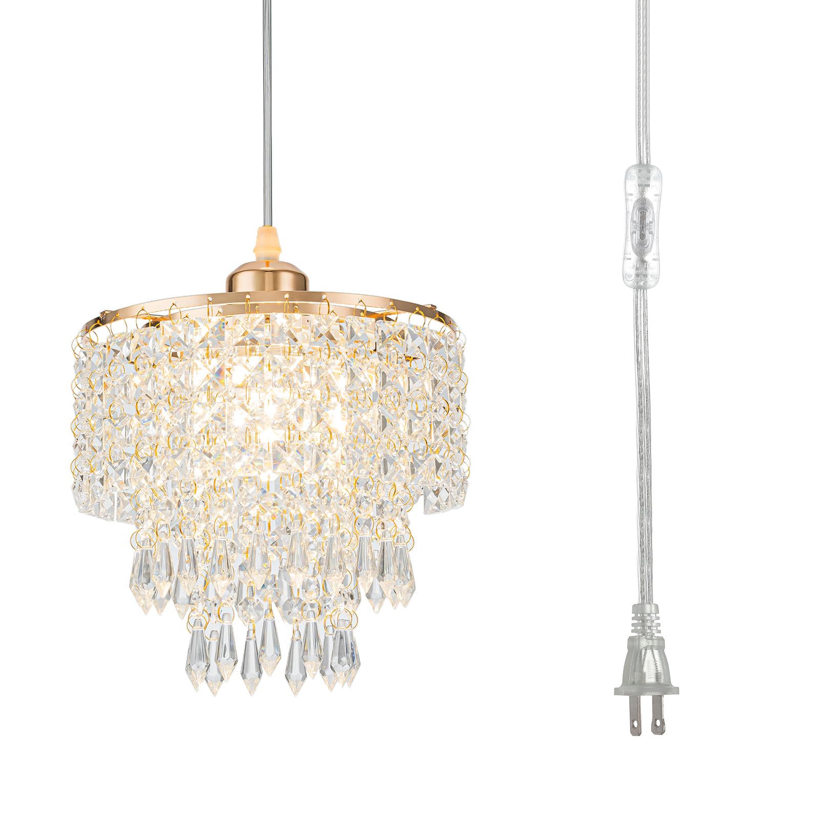 Aoibox  8 in Crystal Plug In Pendant Light with 16 4 ft Cord Gold Mini Chandelier for Bedroom or Kitchen Island