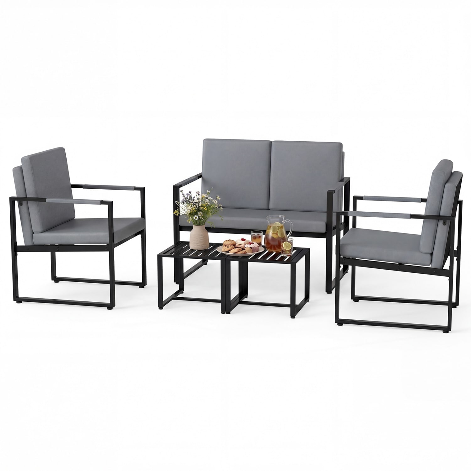 Slickblue Modern Metal Frame 5 Piece PU Leather Living Room Set for Living Room and Office - Gray/Brown