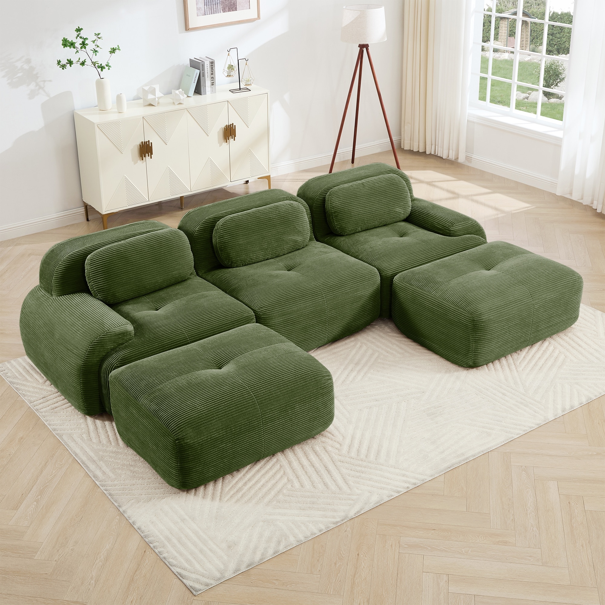 HyperDrop Cart U-Shaped Modular Sofa/ Premium Corduroy/ No Assembly/ Anti-Slip and Pet-Friendly/ Extra-Wide Curved Armrests/ 32D High-Resilience Sponge for Living Room Bedroom and Study - Olive Green