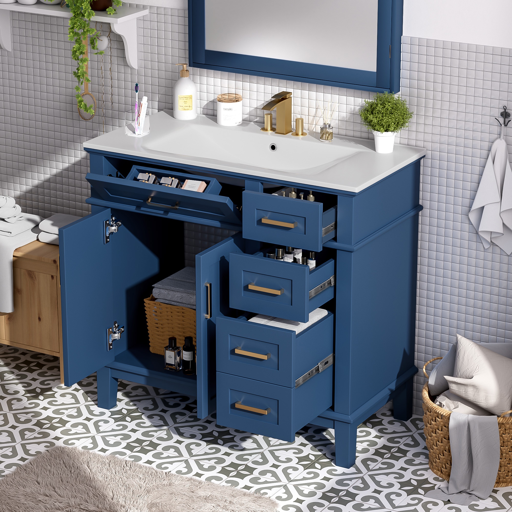 LUXEYARD 36in  Blue Modern Bathroom Vanity with Ceramic Sink  Soft-Close Door  and 4 Storage Drawers  offering a refined look with practical everyday functionality.