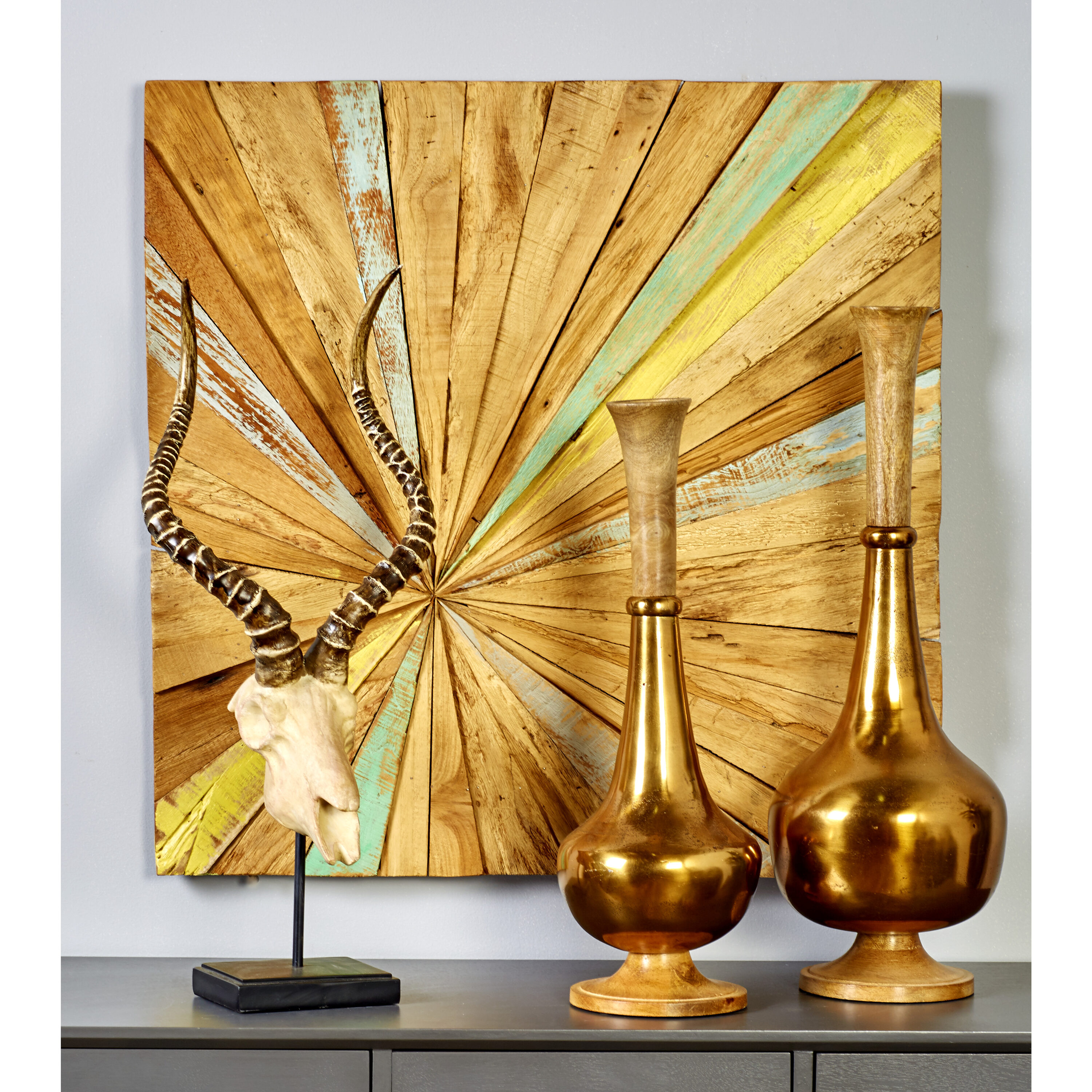 Teak Wood Multicolor Sunburst Wall Decor 28" Square