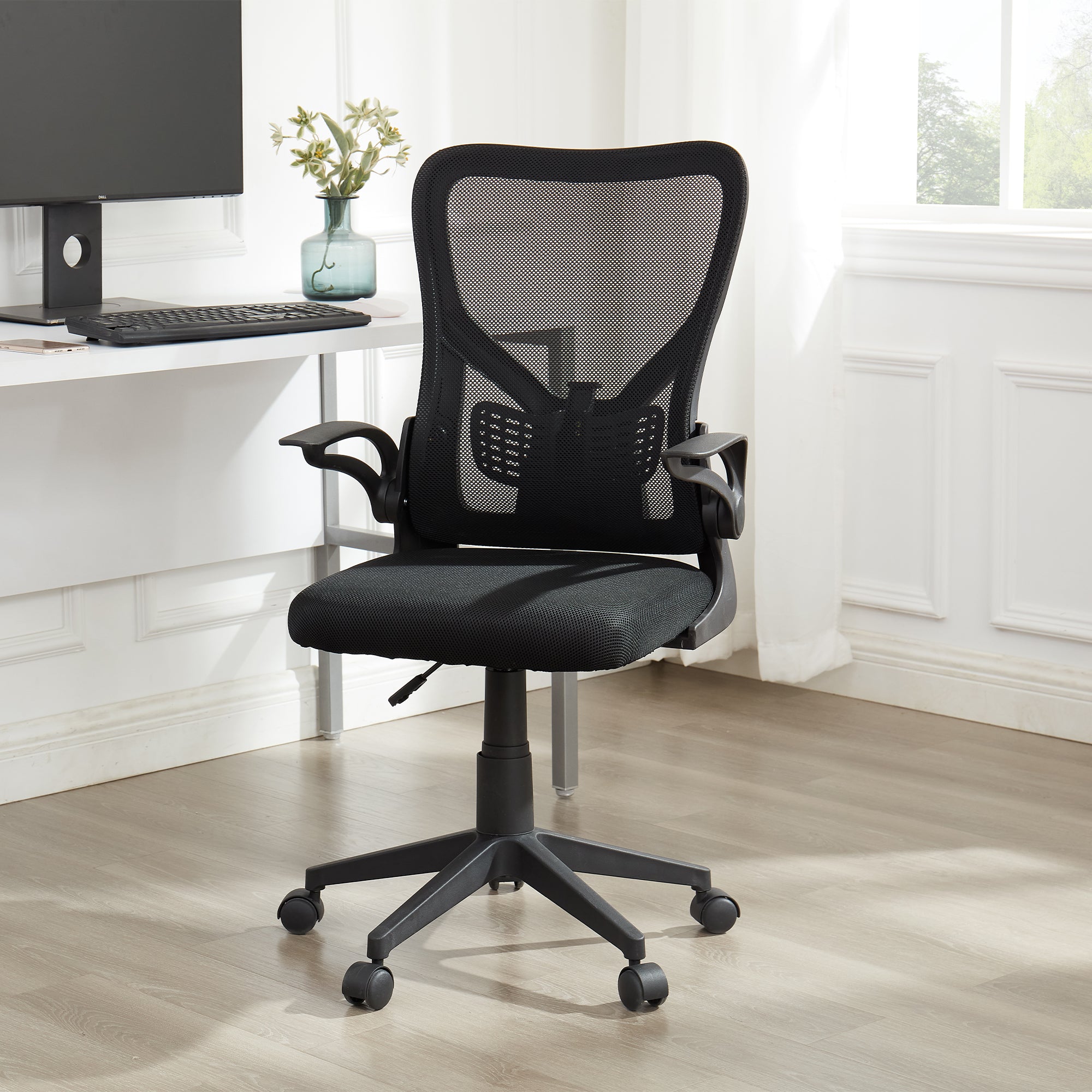 Vecelo LOE-OC19-BLK Mid Back Mesh Ergonomic Office Chair with Flim up Armrests Breathable Lumbar Support Swivel Wheels Adjustable Height for Study Computer Task Home Desk Work