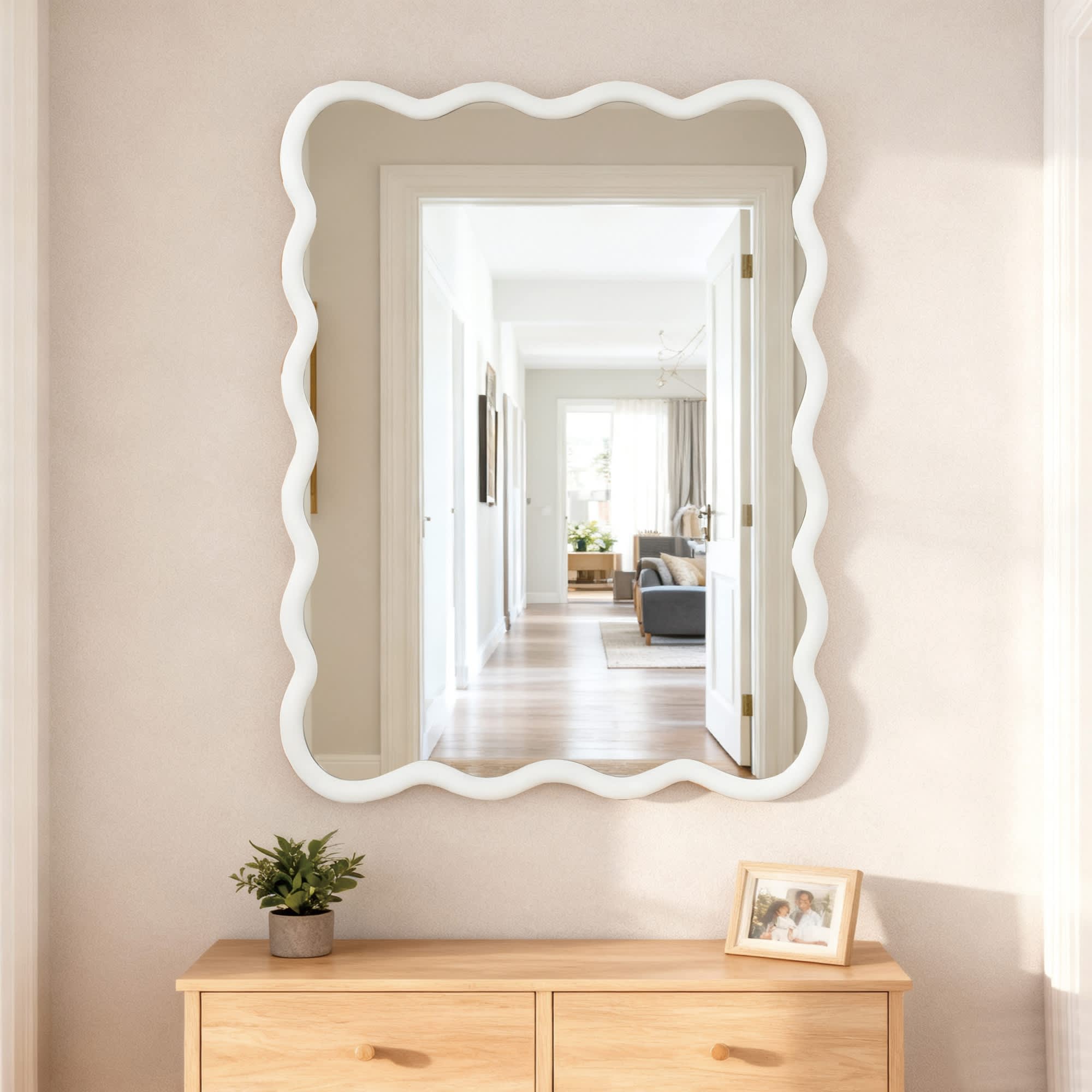 Maison Boucle 30 in x 40 in White Wavy Rectangle Wall Mirror Solid Wood Frame