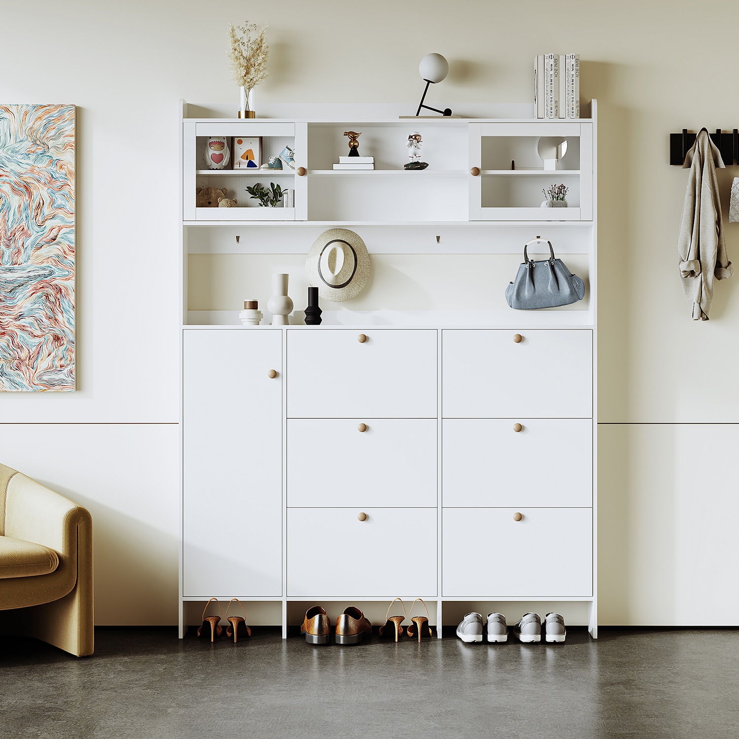 GZMR GZ-UC20AAB Large Hall Tree with Storage Shelf 6 Flip Drawers Modern 62.1-in White Composite Hall Tree