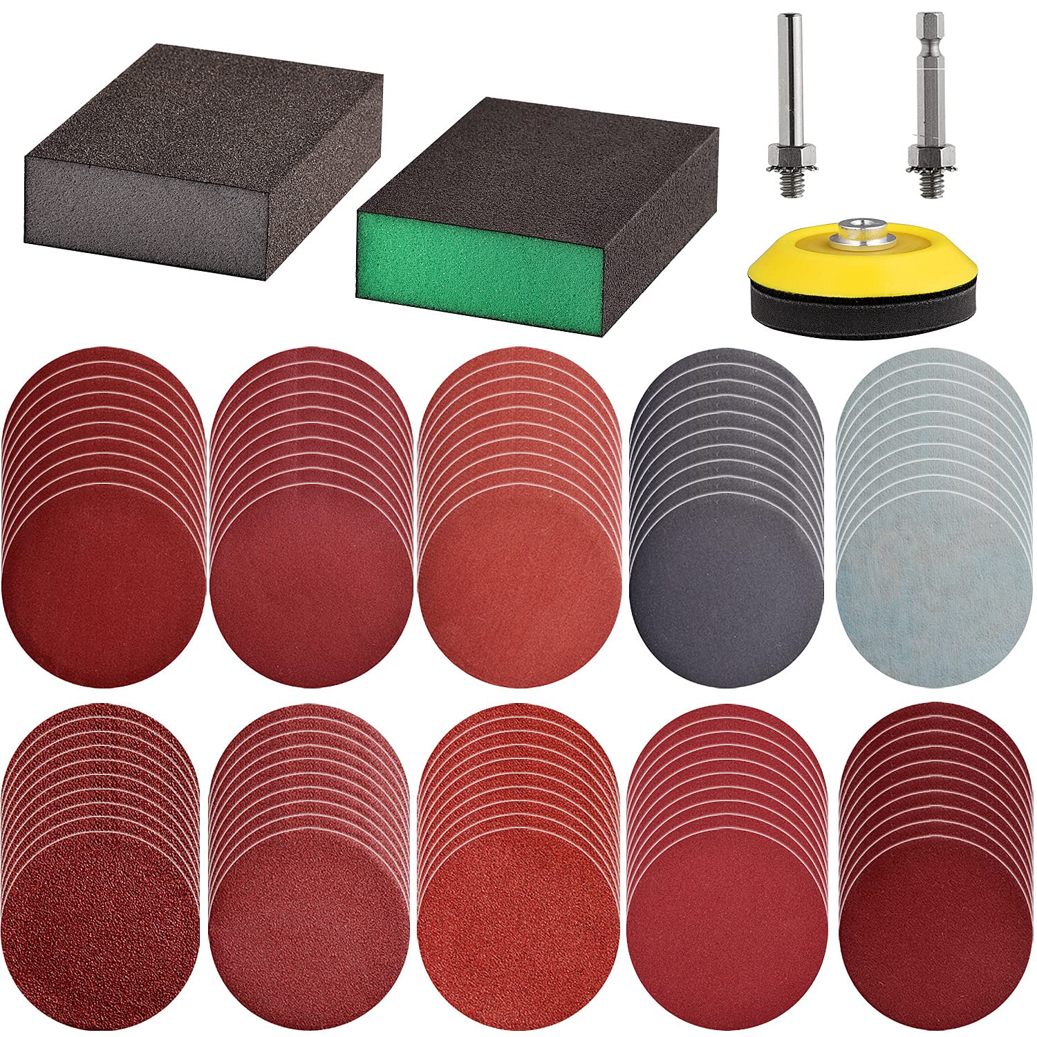 Justincity  100 Piece 3 Inch Sanding Discs Pad Kit with 2 Sanding Sponge Buffing Blocks and 1 Quarter Inch Shanks for Drill Grinder Rotary Tools