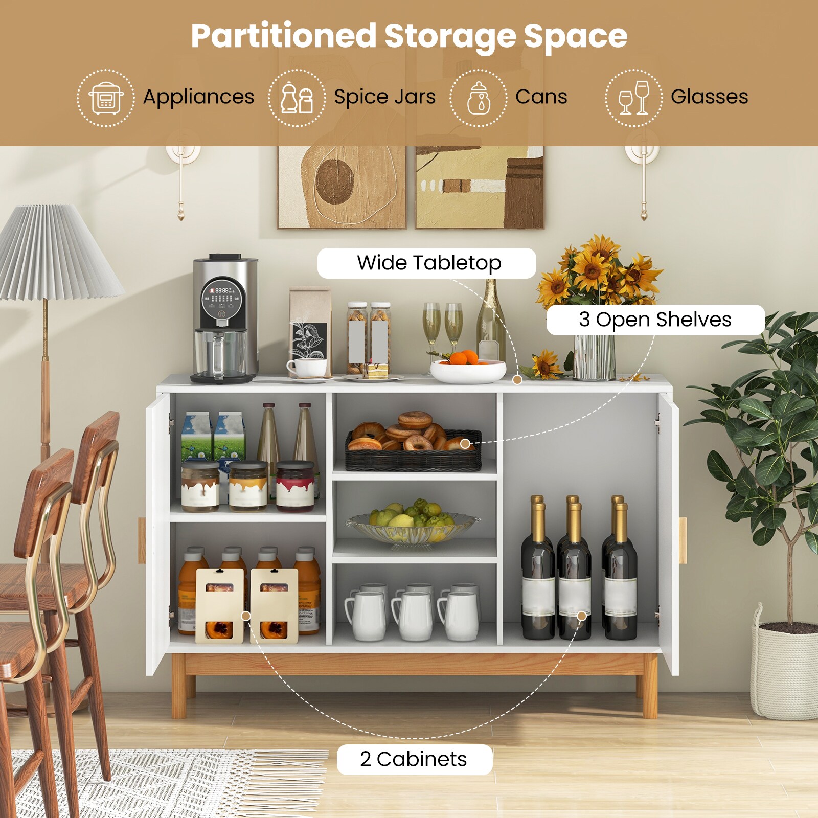 Slickblue 48 Inch Sideboard Buffet Cabinet Floor Storage Cabinet with 2 ...