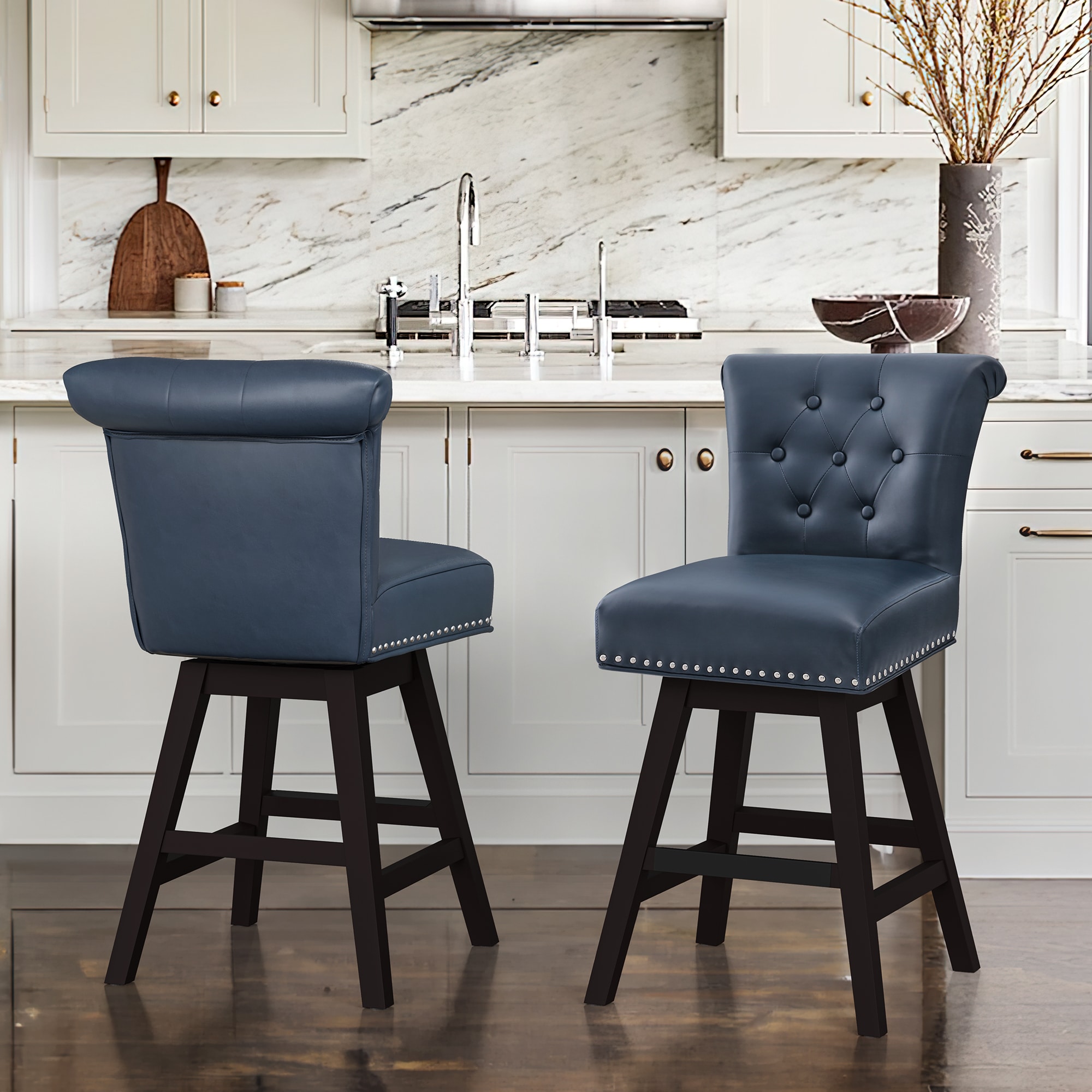LUE BONA YB-015-03LS Set of 2 Blue/Faux Leather 25.8-in H Counter height (24-in to 27-in) Square Seat Upholstered Swivel Wood Back Bar Stool Back