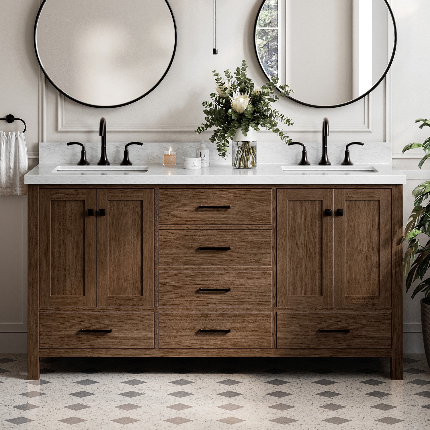 ARIEL Cambridge 66-in Brown Oak Undermount Double Sink Bathroom Vanity with Carrara White Marble Marble Top