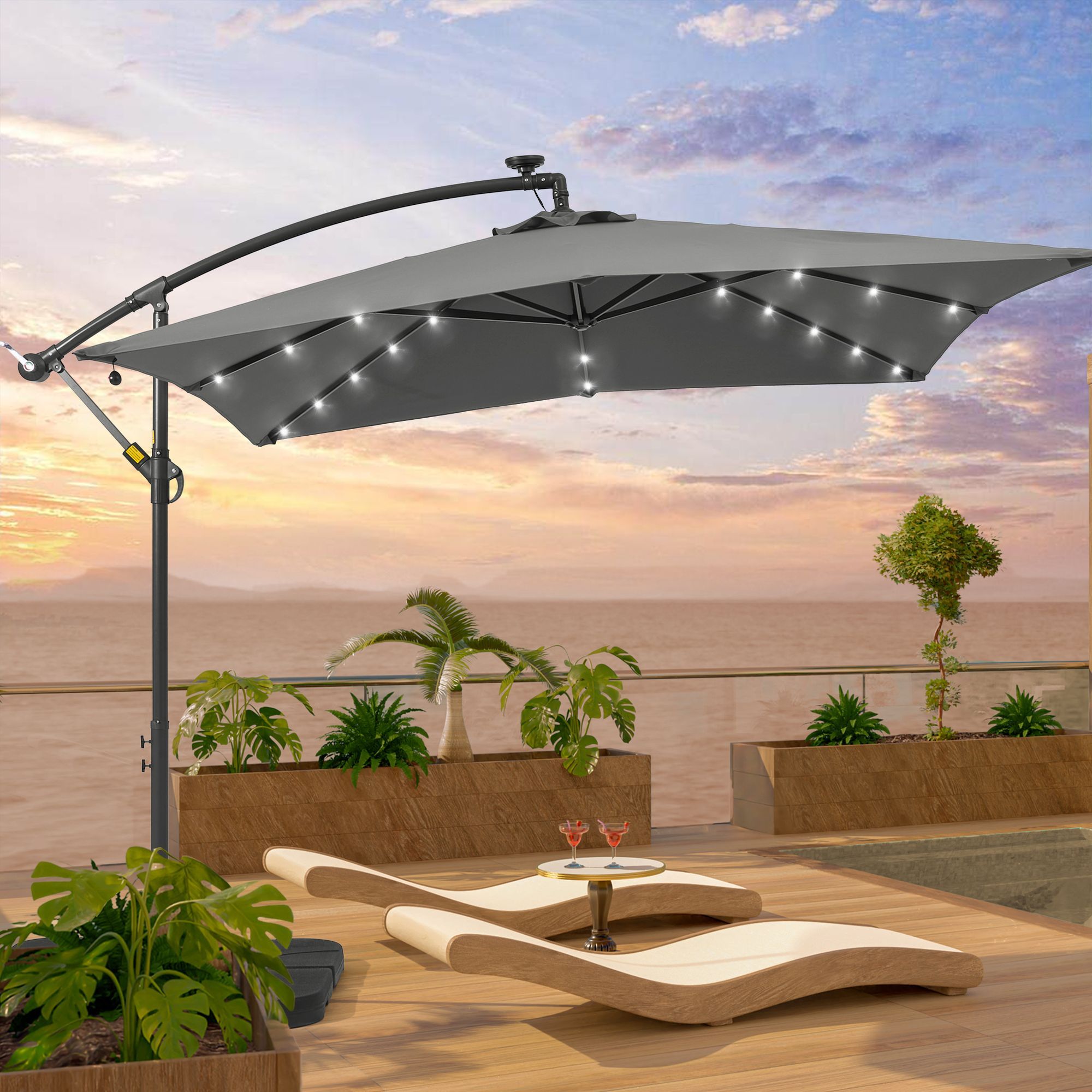 Sonkuki 8.2-ft Gray Solar Powered No-tilt Offset Patio Umbrella in 
