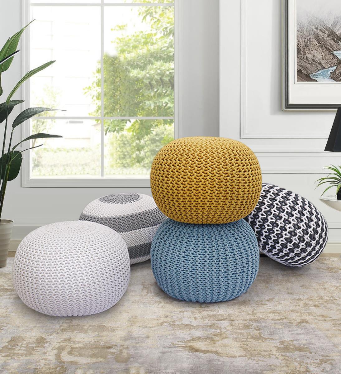 Santorini Contemporary Ivory & Grey Square Cotton Pouf