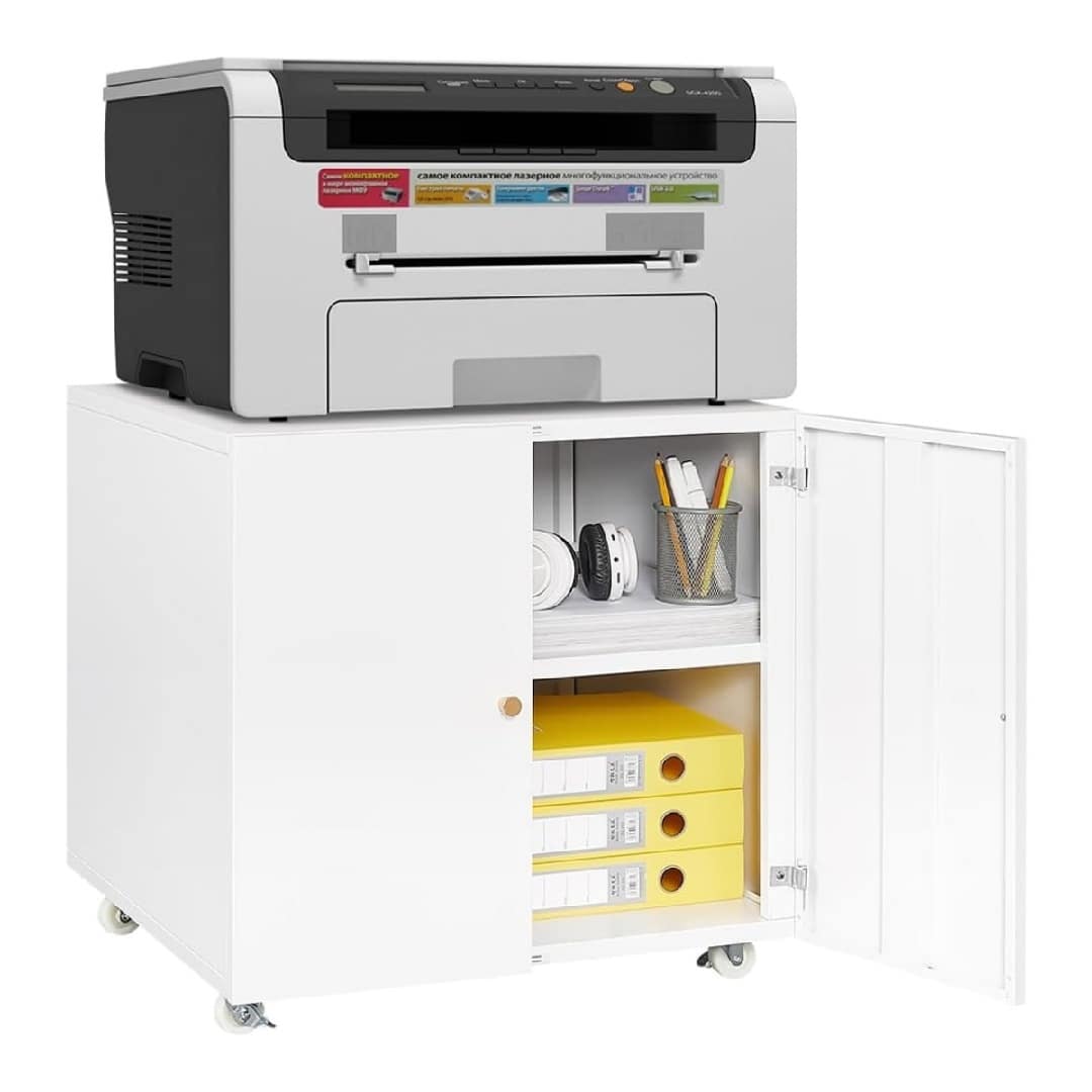Qeetex NL-PEP-333DXUVQ White 236 Printer Stand with Storage Mobile Printer Cabinet for Home Office Metal Table for Printers with Storage Shelf File Cabinets on Wheels 3D Printers Table