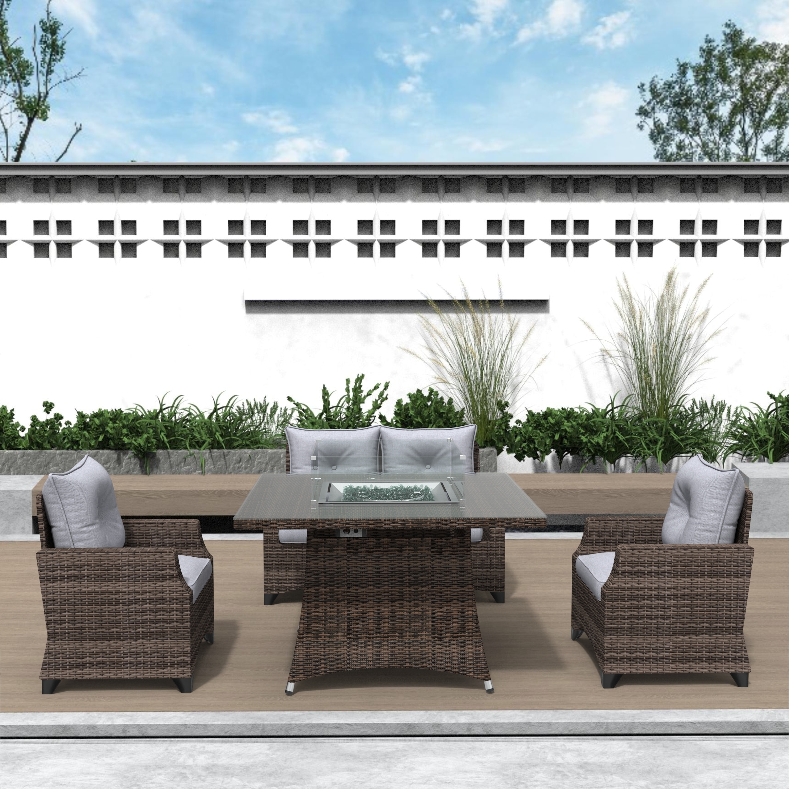 Direct Wicker DWG-1801P1104-BR 4 -Piece Wicker 3 Patio Sofa Conversation Set with Gray Cushions