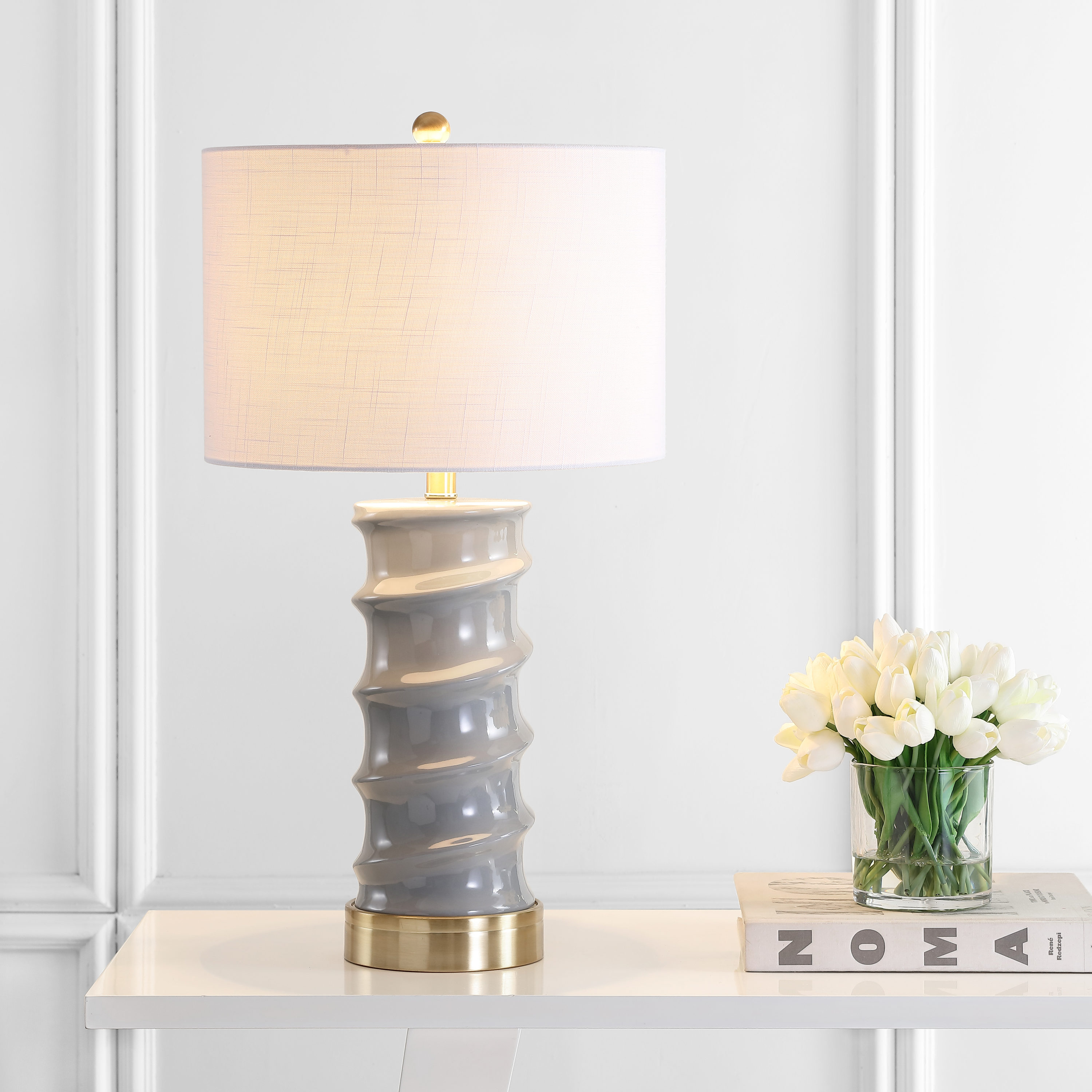 JONATHAN  Y JYL3052A Taipei Ceramic Transitional 29-in Dark Gray LED Incandescent Rotary socket Table Lamp with Linen Shade