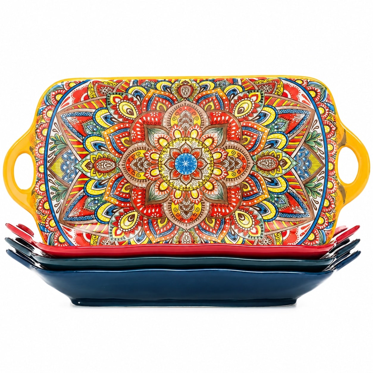 Aoibox  Set of 4 Boho Ceramic Serving Platter with Handles 12 8 x 6 7 x 1 4 in Colorful Porcelain Multi Color