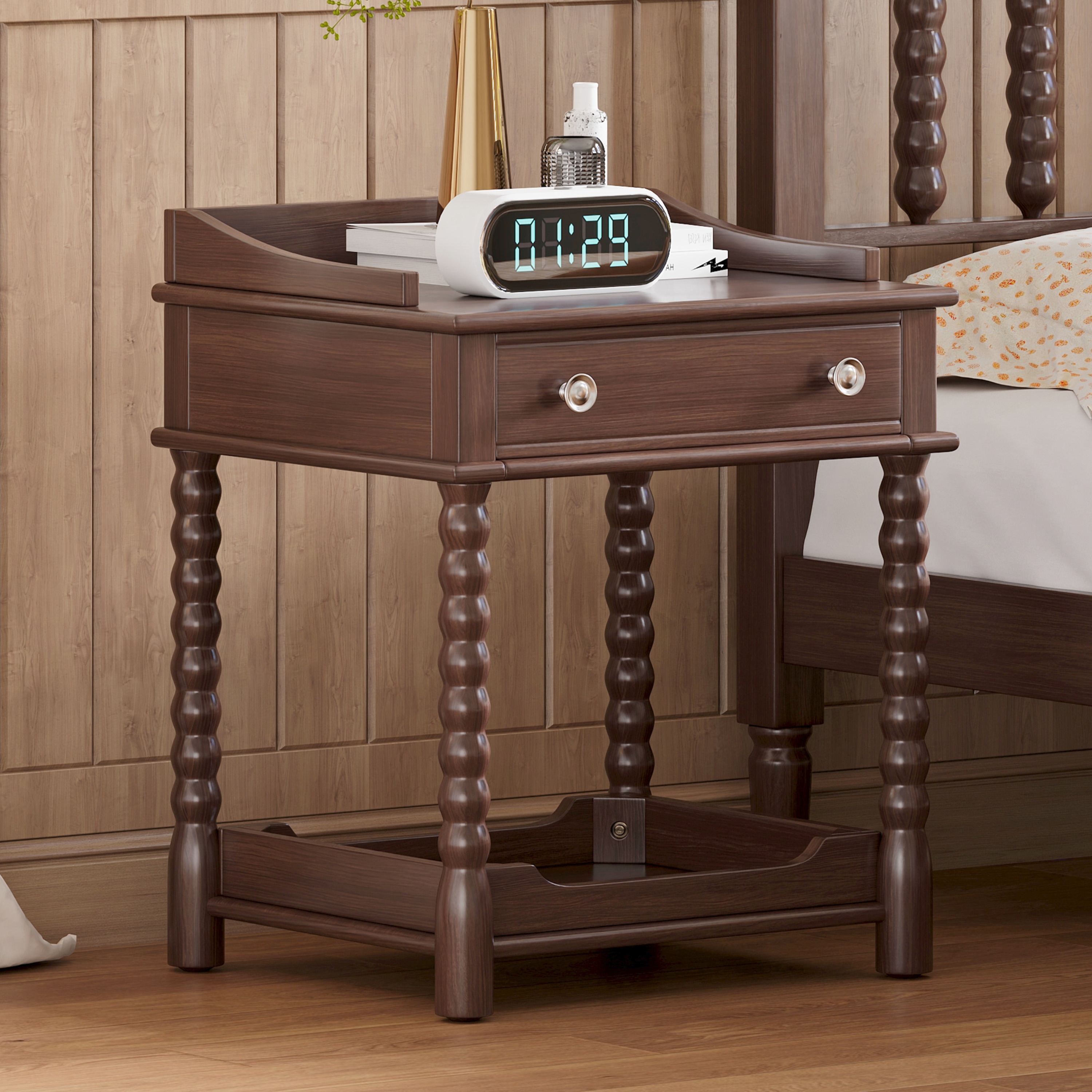 LOVMOR SF-R-N733P206240D Retro Style Nightstand with Drawer and Open Shelf for Bedroom Bedside Table with Turned Legs and Metal HandleWalnut