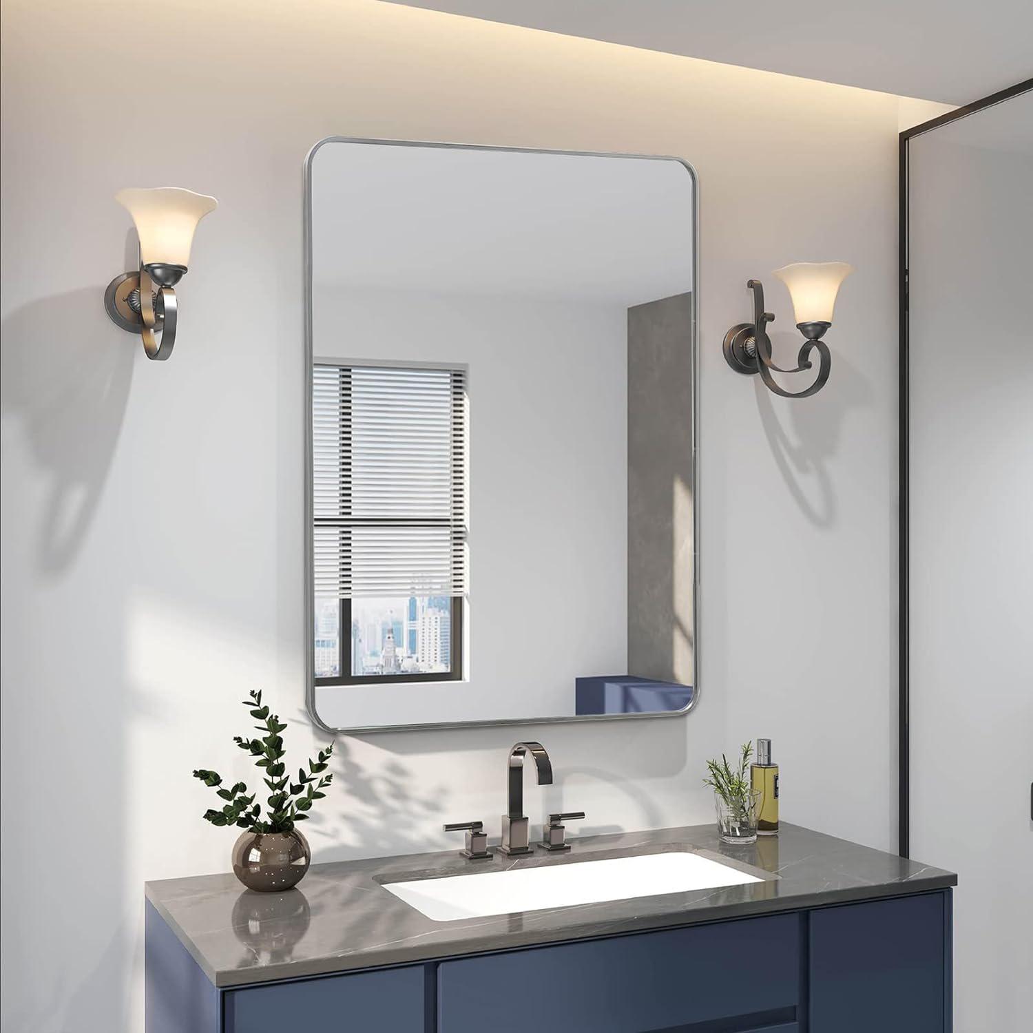 Bayfeve BF-56434-MIR 24-Inches x 36-Inches Framed Rectangle Bathroom Vanity Mirror ( Silver )