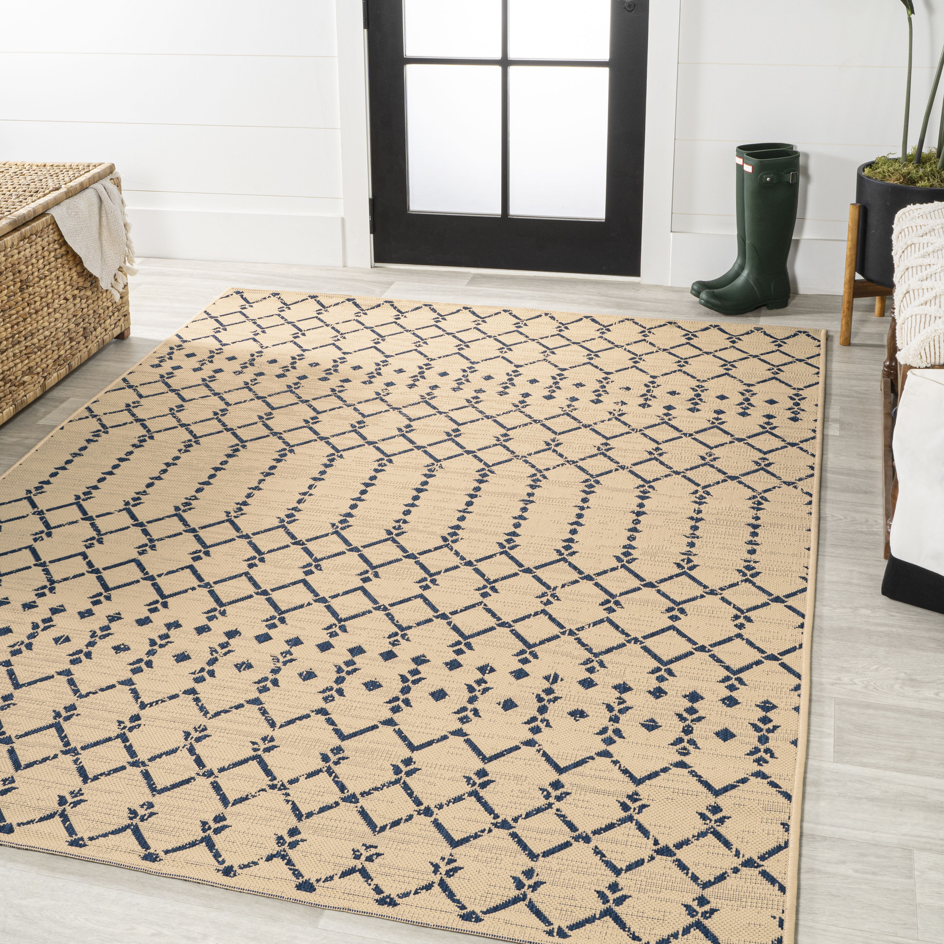 JONATHAN  Y SMB108H-14 SANTA MONICA Ourika Moroccan Geometric Textured Weave 10 x 14 (ft) Polypropylene Beige/Navy Rectangular Indoor Medallion Bohemian/Eclectic Area rug