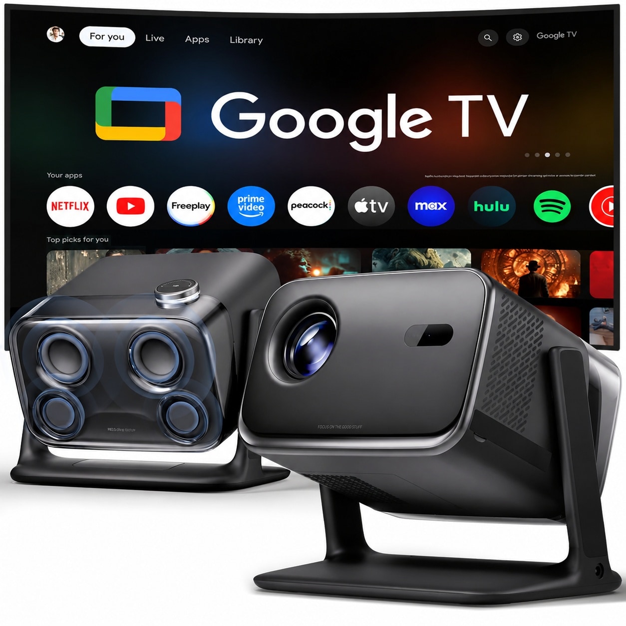 Etokfoks  mini outdoor smart projector with Google TV 20W Dolby Audio 1080P 4K support 500 ISO lumens ToF autofocus and keystone