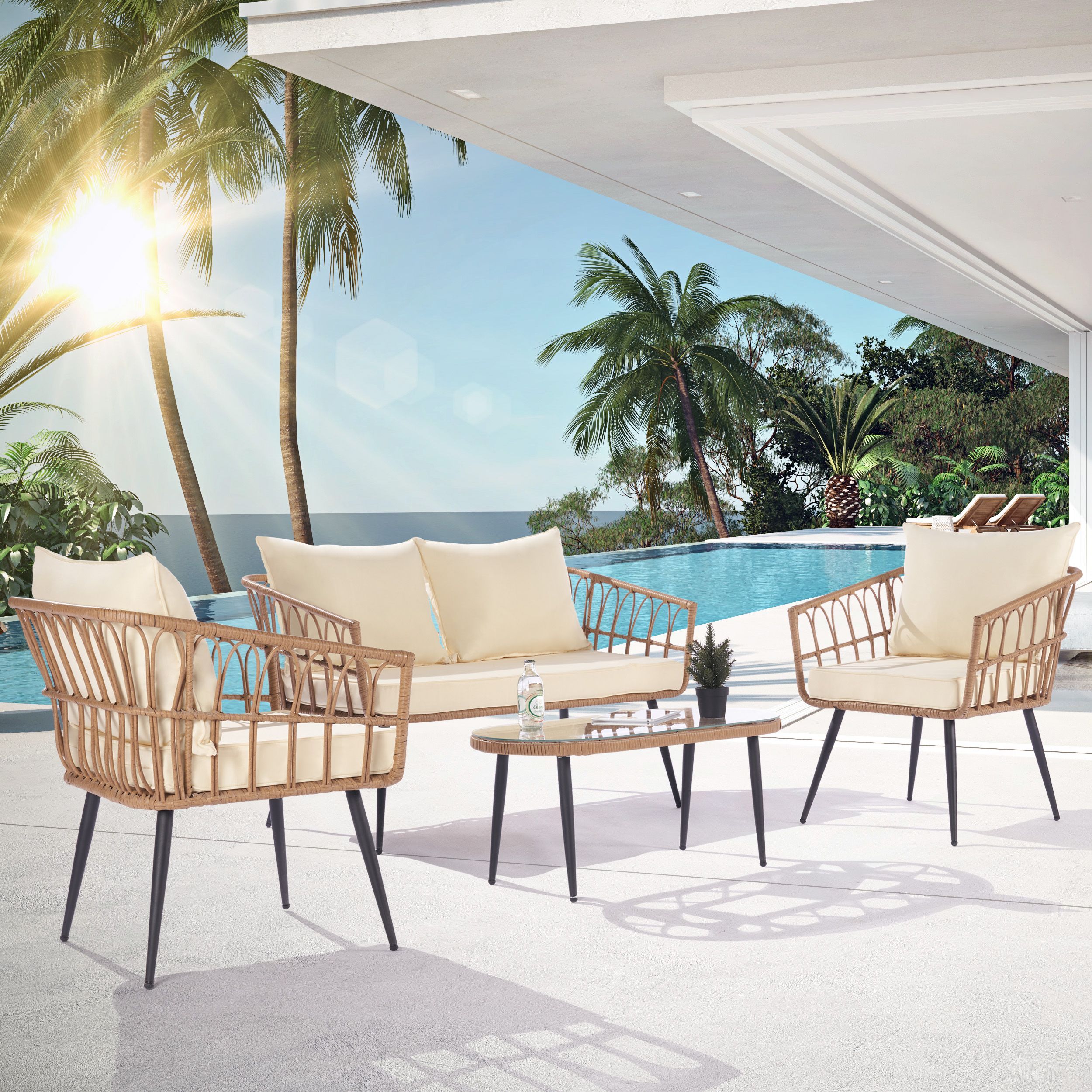 SANSTAR LRS-DS71BE Patio Coversation Set 4-Piece Wicker Patio Conversation Set with Yellow Polyester Cushions