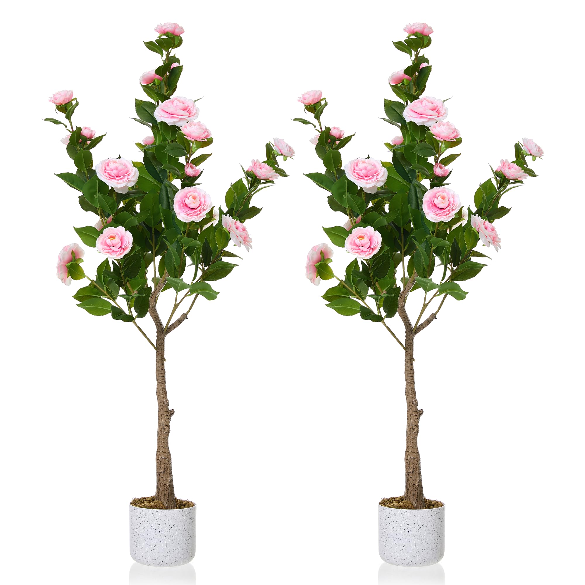 IdealHouse Set of 2 4FT Artificial Camellia Trees in Sturdy White Pots - Realistic Faux Pink Plants Decorative Potted Flower Trees for Living Room Office or Bedroom