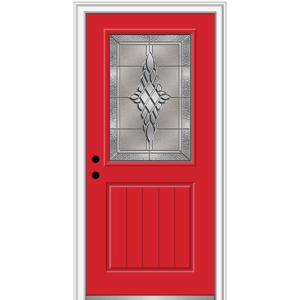 MMI DOOR ZZ3667064R 32-in x 80-in x 4-9/16-in Fiberglass Half lite Right-hand inswing Red Saffron Painted Prehung Front Door with Brickmould Insulating core