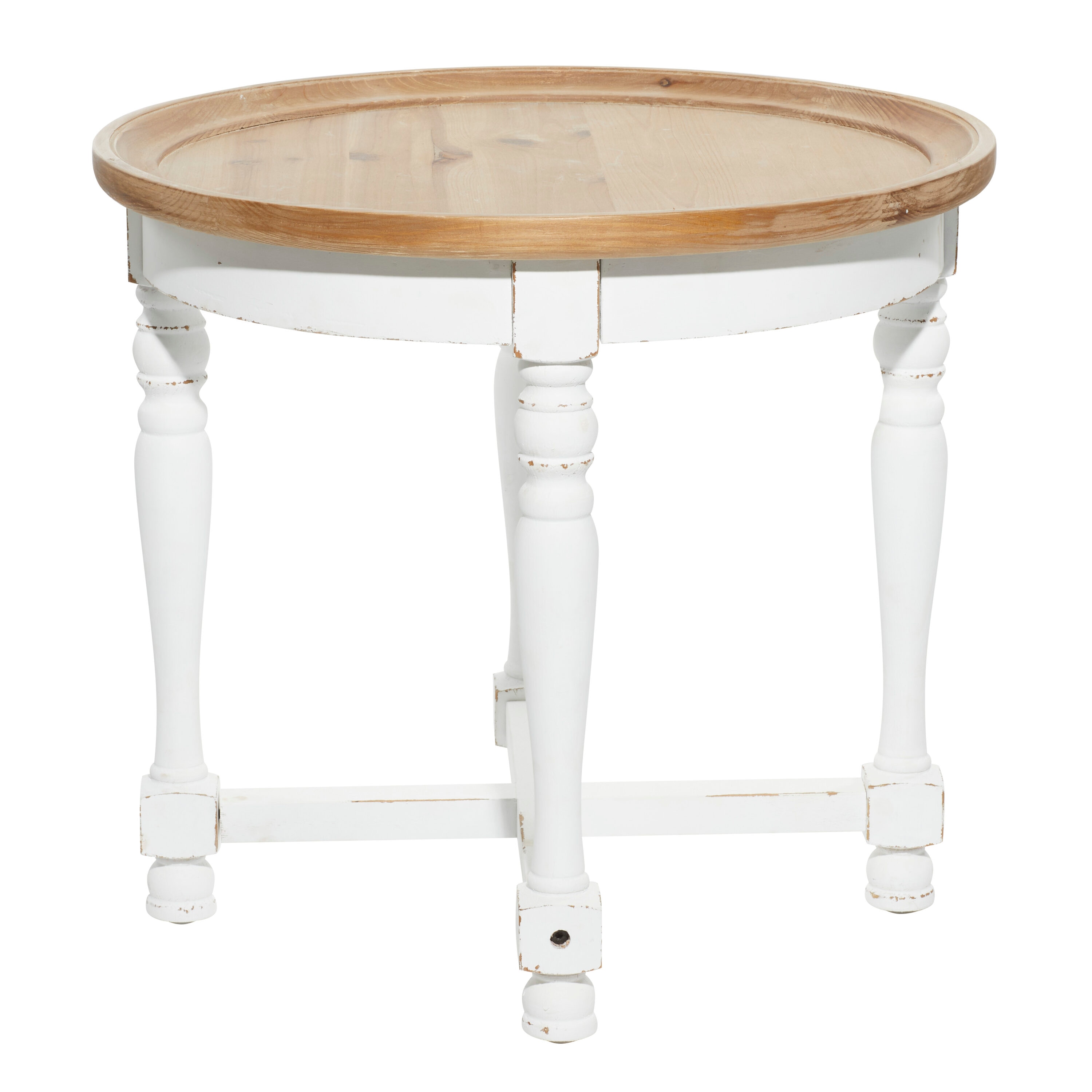 White and Brown Round Wood Accent Table with Spindle Legs