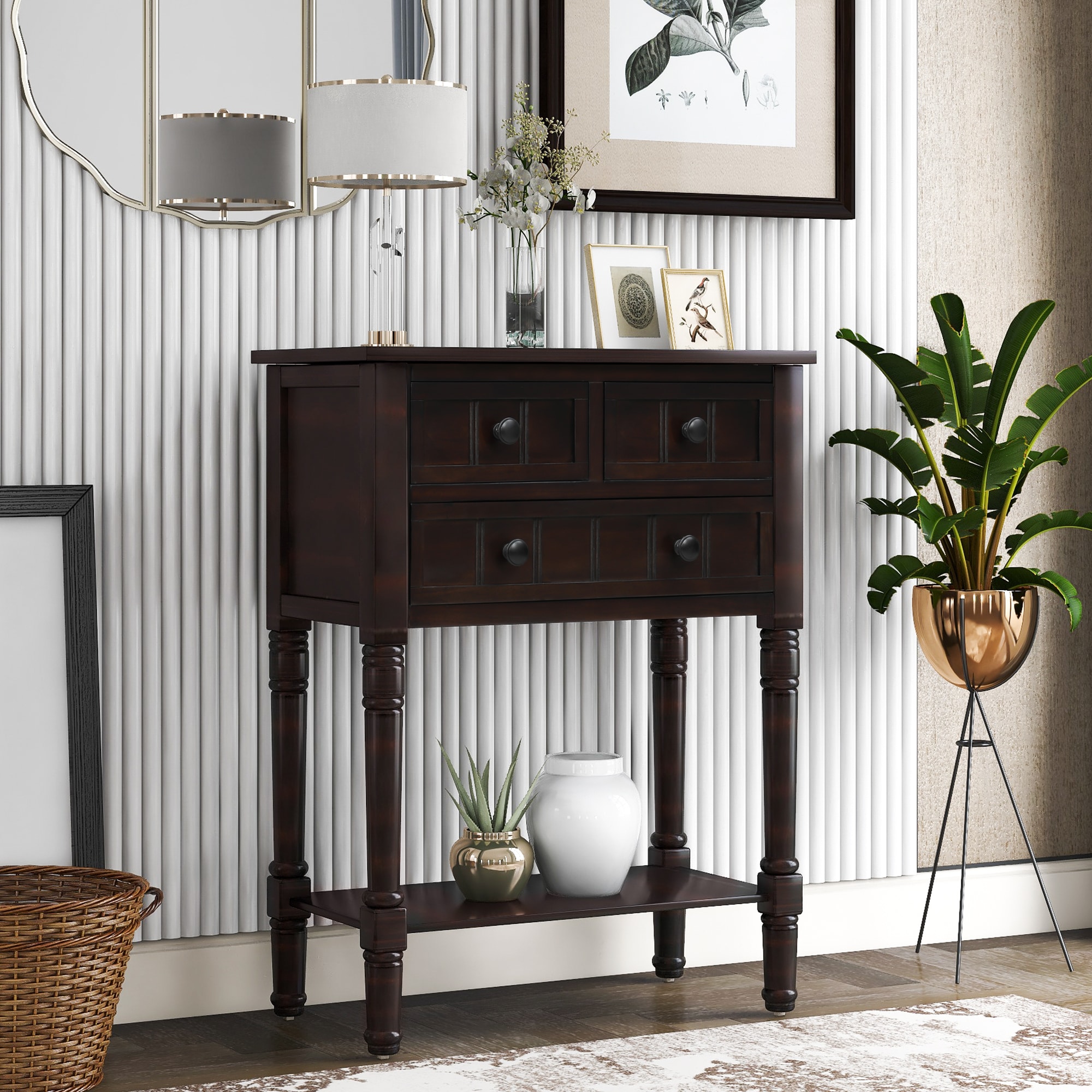 ModernLuxe WF192646AAB Narrow Console Table Slim Sofa Table with Three Storage Drawers and Bottom Shelf for Living Room Easy Assembly Espresso