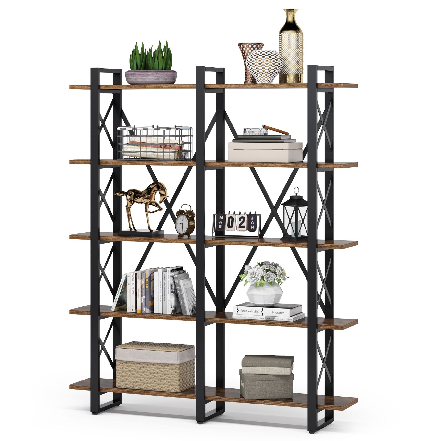 Tribesigns Brown Metal 5-Shelf Double Bookcase (59.05-in W X 70.86-in H ...