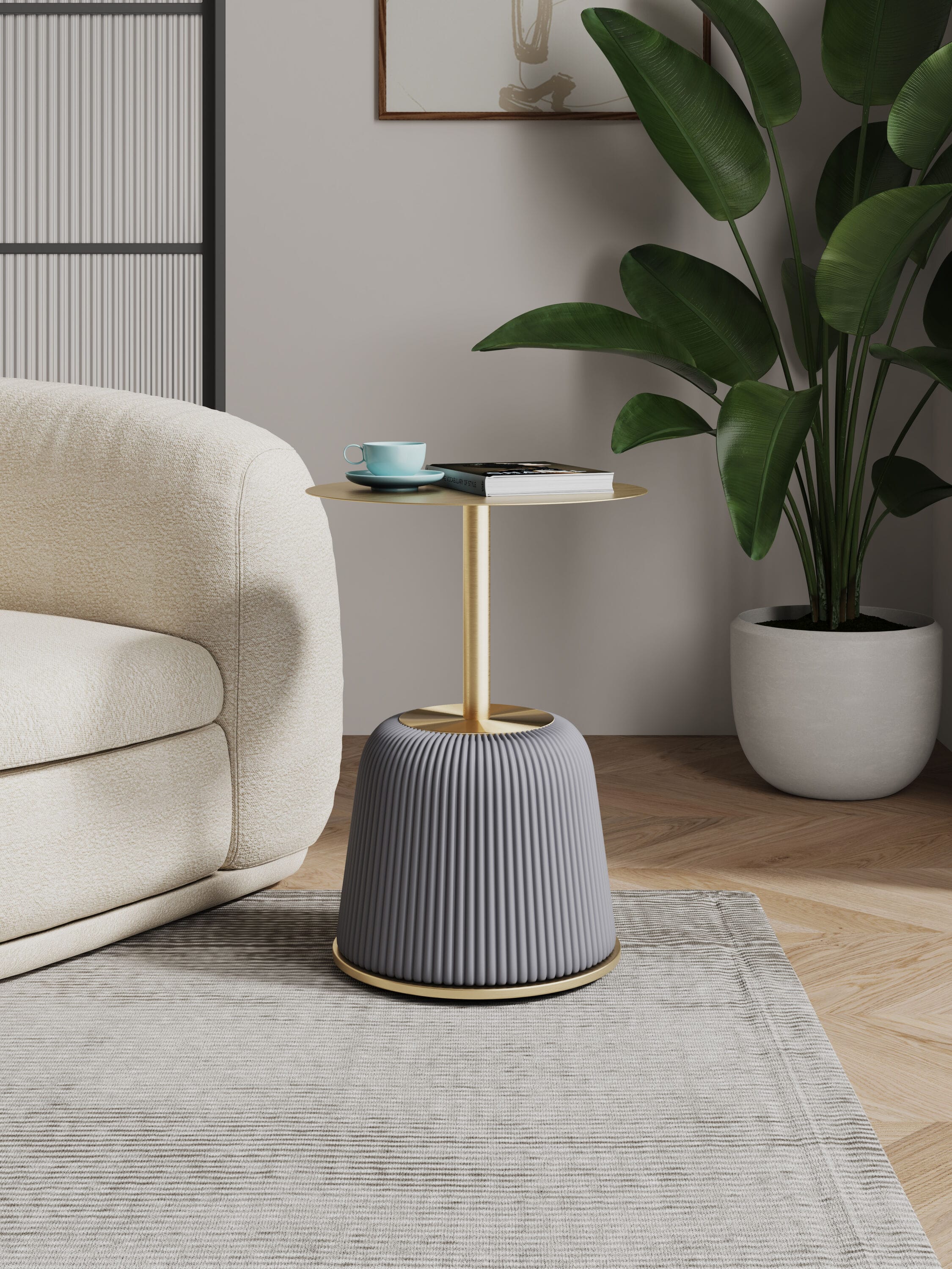 Gold and Gray Metal Round Accent Table with Ridged Base