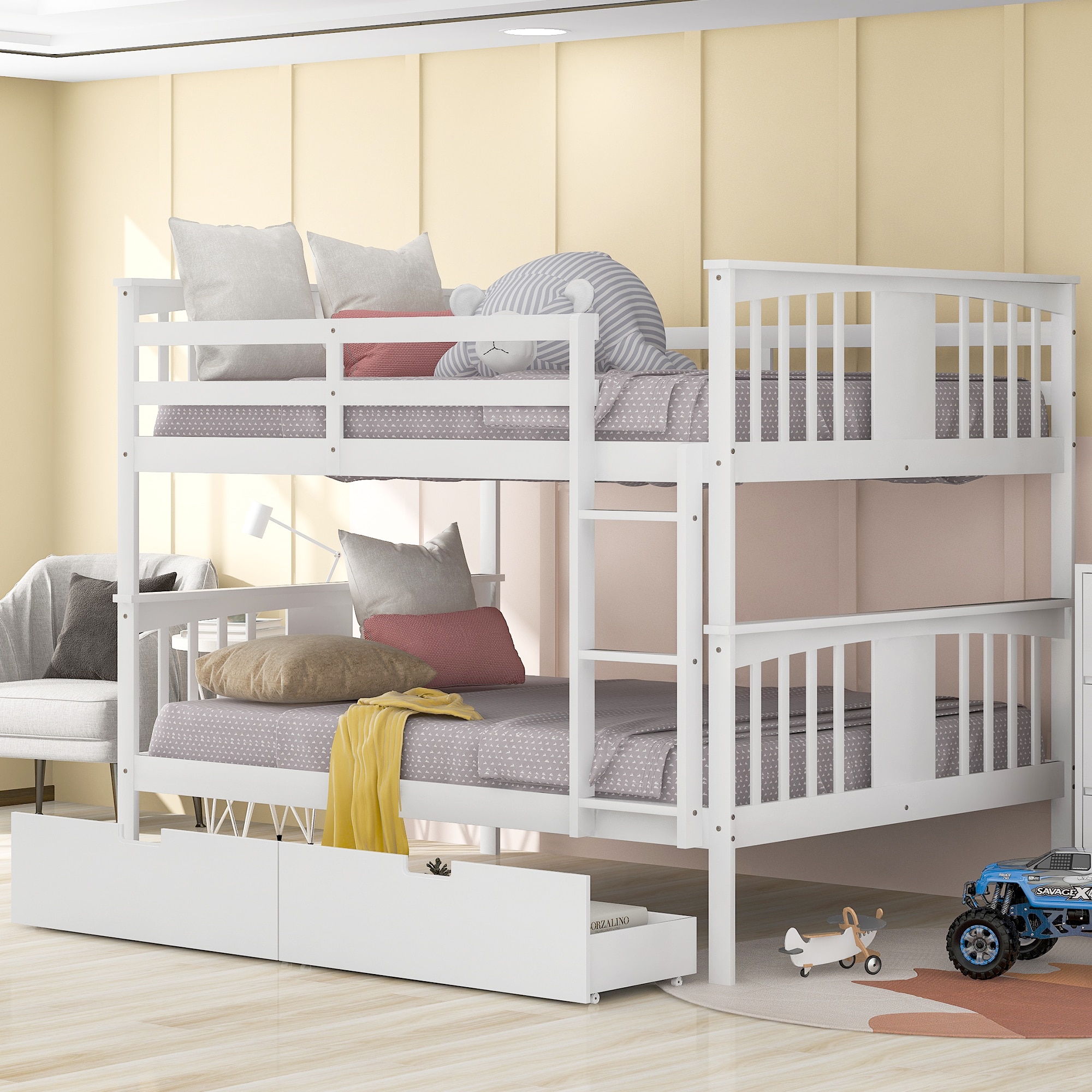 ModernLuxe LT000205AAK Full over Full Bunk Bed with Drawers and Ladder for Bedroom Guest Room FurnitureWhite