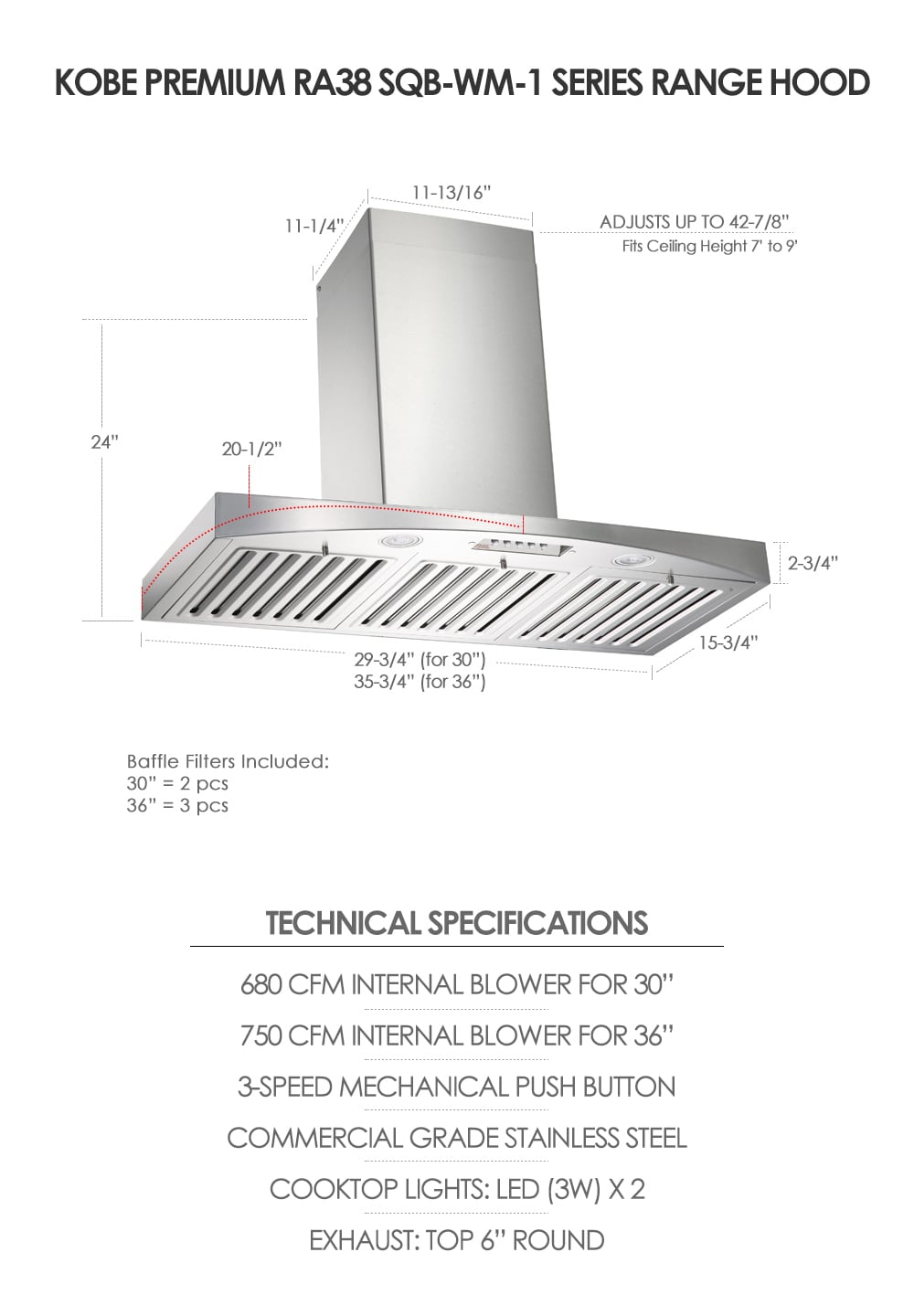 KOBE Range Hoods RA3830SQB-WM-1 Wall-Mounted-Range-Hoods - View #3