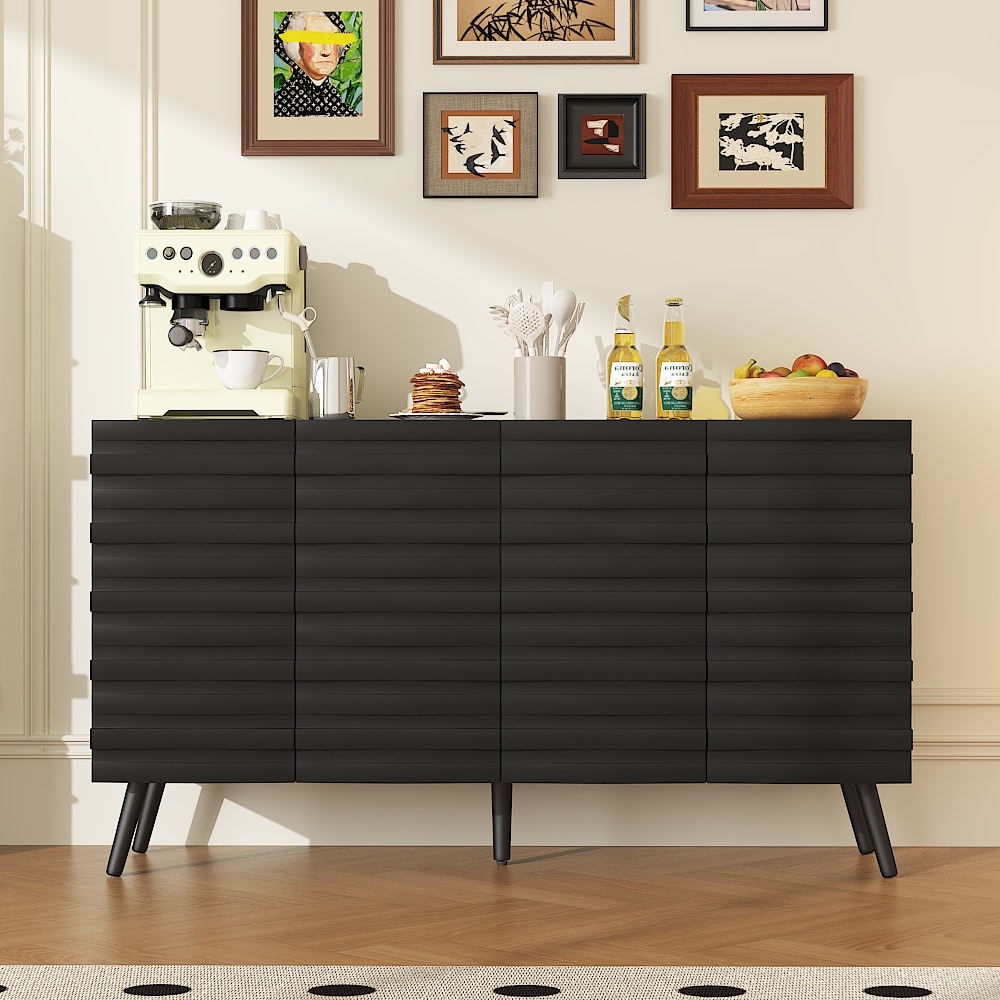 Homsee V-KF330078-01 Wooden Kitchen Storage Sideboard Cabinet with 4 Shelves Wavy Alternating Stripes Surface and Raised Base 55.1''L x 15.7''W x 31.4''H Black