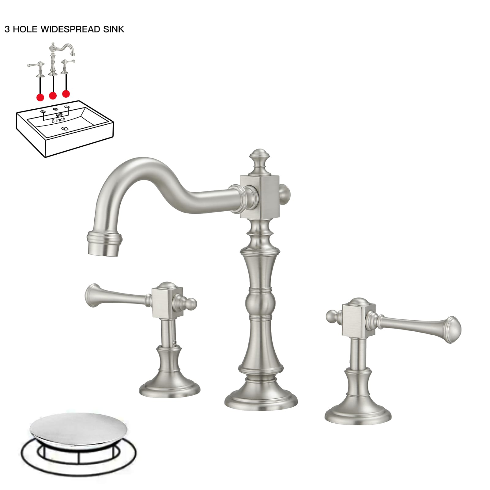 BWE A-916463-N Brushed Nickel Widespread 2-handle WaterSense Mid-arc Commercial/Residential Handle Bathroom Sink Faucet with Drain