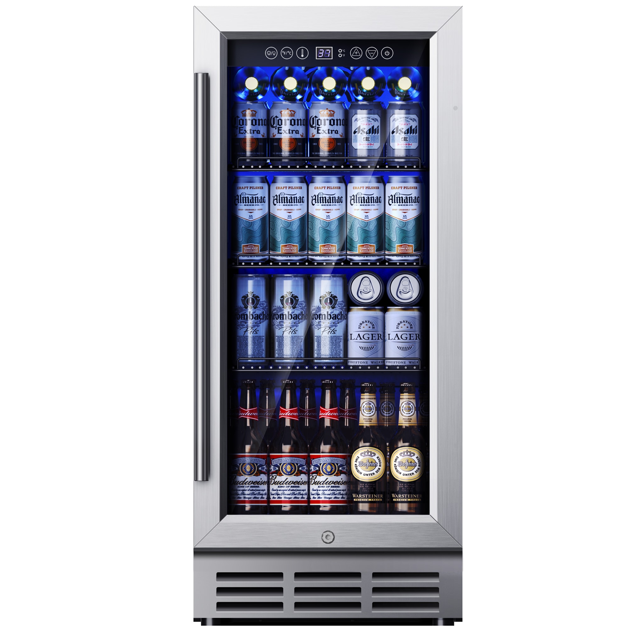 SIMZLIFE BR002-126SI 15-in 130-Can Silver Built-in/Freestanding Beverage Refrigerator Wine Cooler with UV-Protected Insulation Glass Door