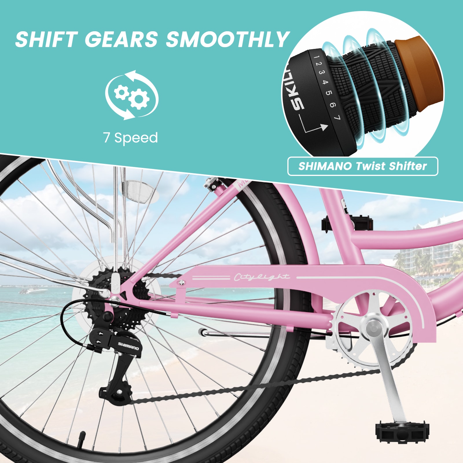 MOONCOOL 26 inch 7 Speed Beach Cruiser Bikes with Front Basket