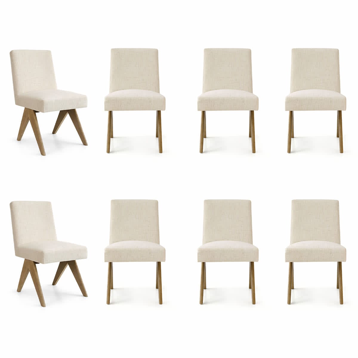 Maison Boucle MORGAN-OK-CREAM-8 Set of 8 Cream Linen Dining Chairs with Solid Wood V Legs for Kitchen or Dining Room