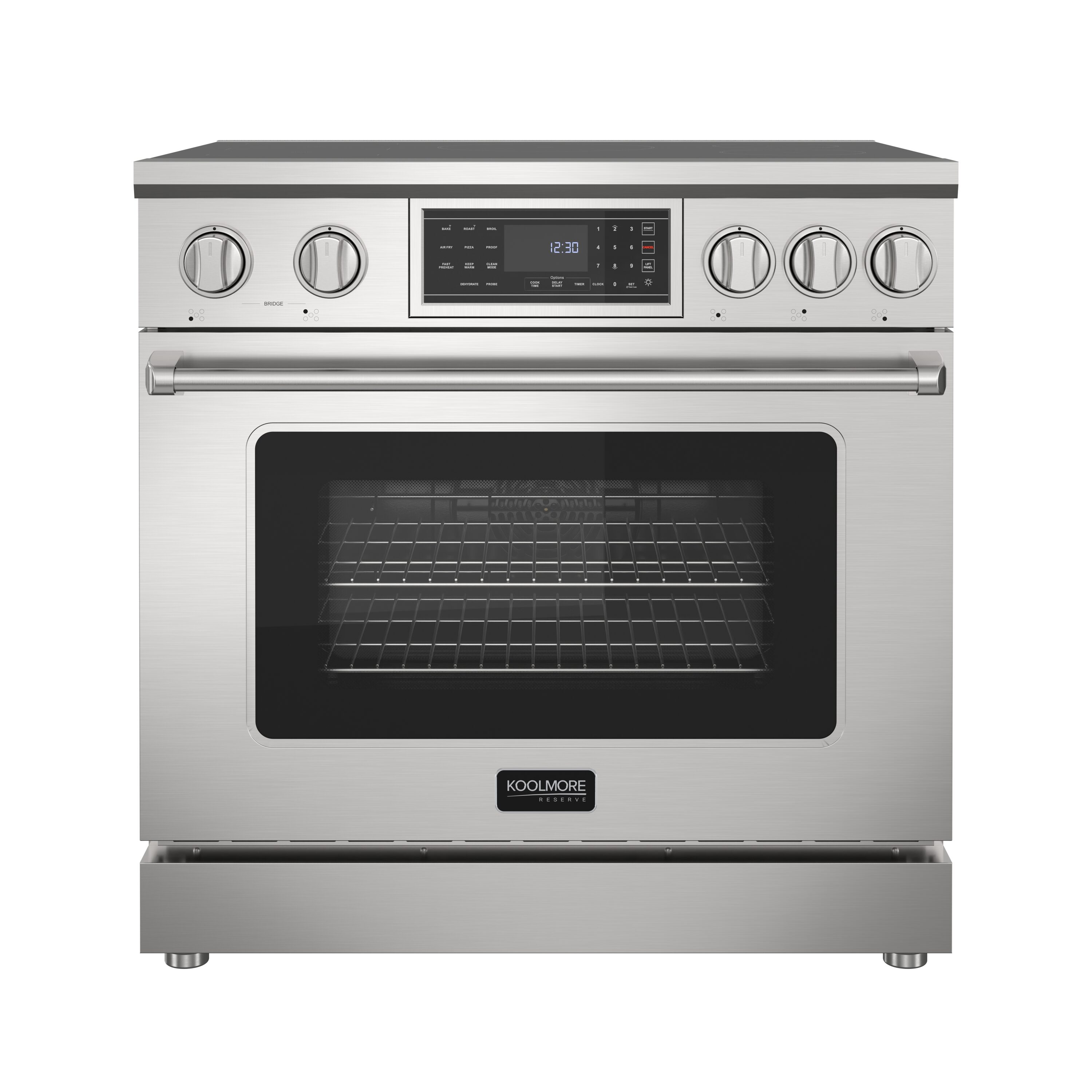 KoolMore LOW-KM-IPR-36TP-SS 36-in Glass Top 5 burners 6-cu ft Air Fry Convection Oven Freestanding Electric Range with WipeClean Coating ( Stainless Steel )
