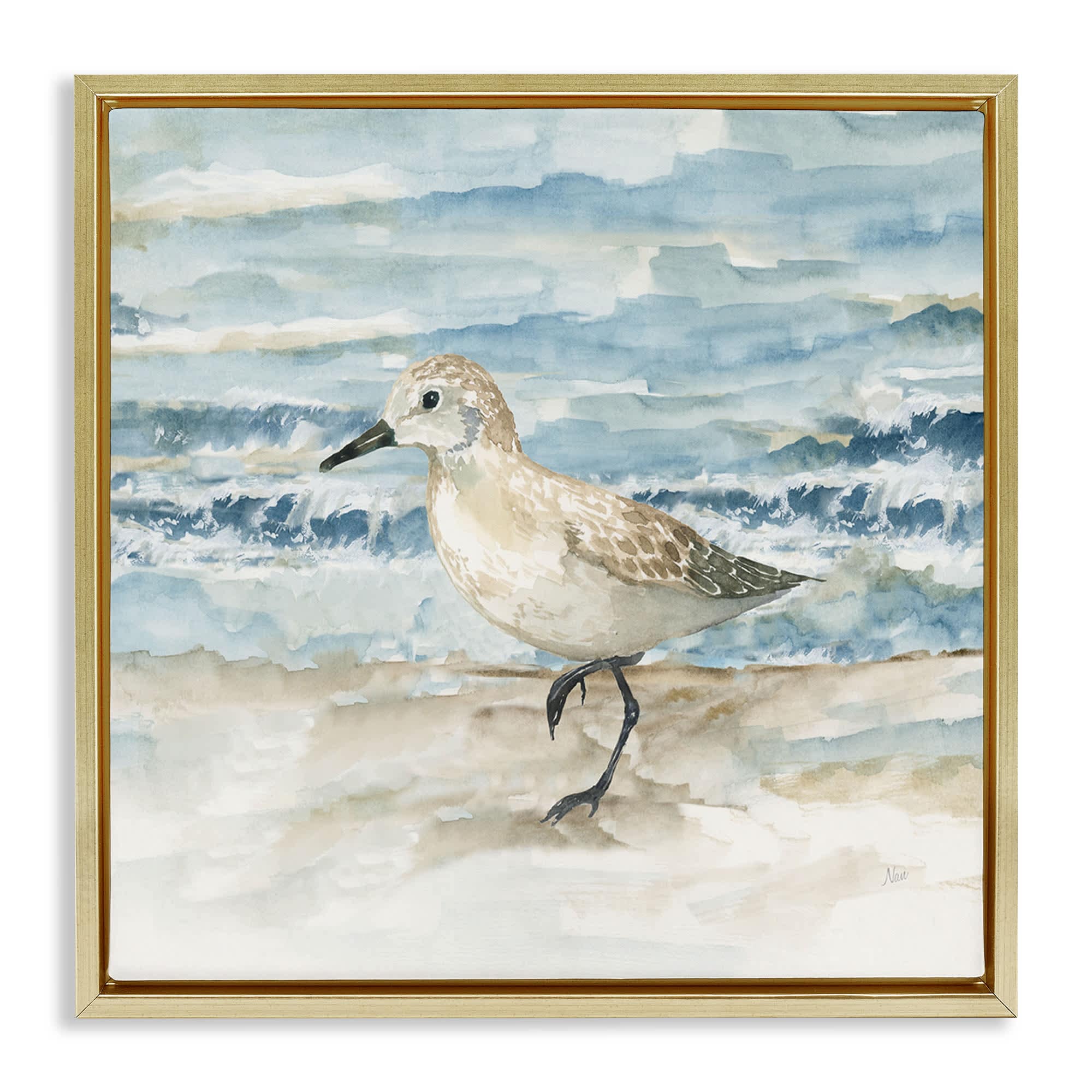 Stupell Industries BS-156-FFG-24X24 Balancing Sandpiper on Shore Gold Framed Floater Canvas Wall Art By Nan 25 x 25