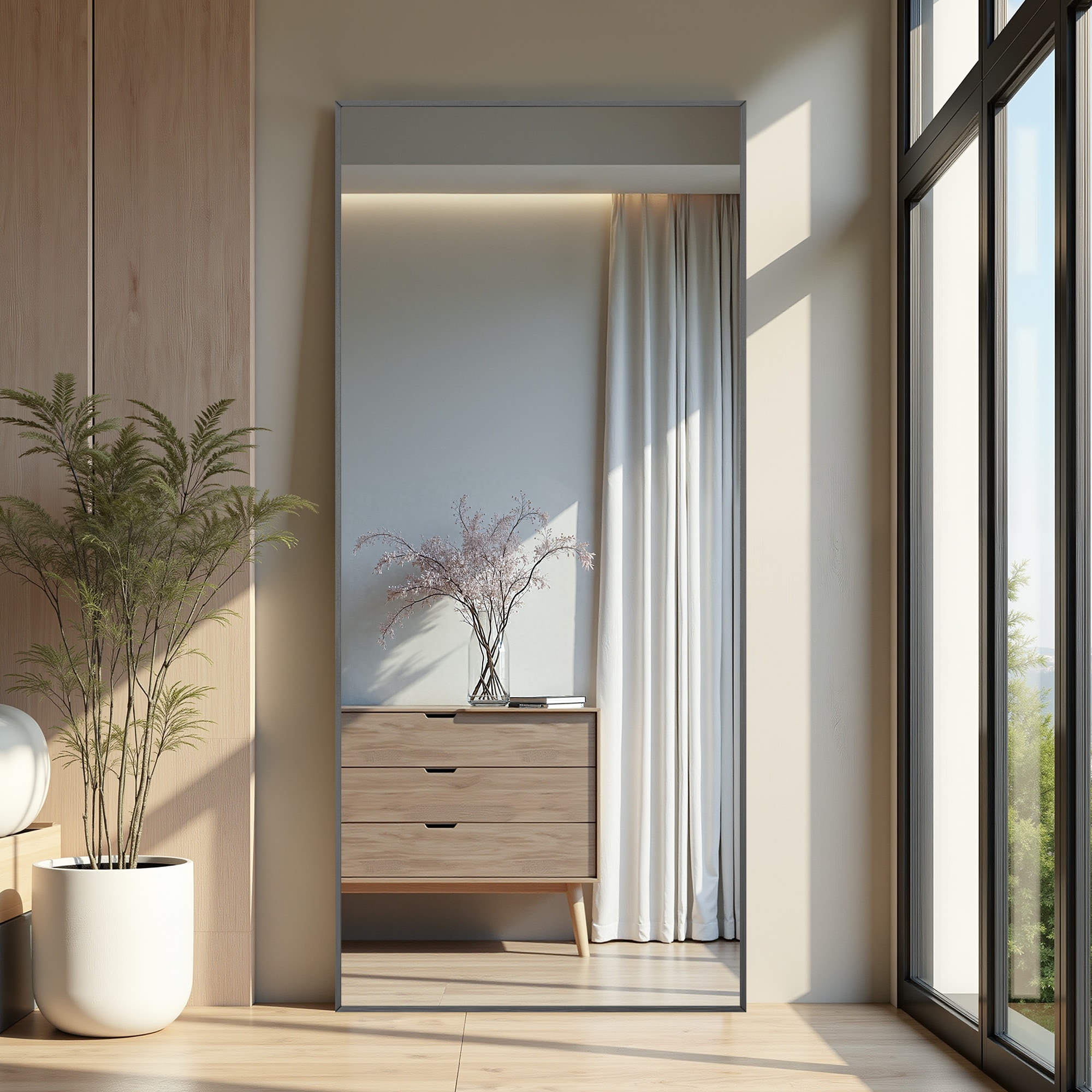 REIBII Aluminum Alloy Rectangular Full Length Floor Mirror Modern Standing Mirror with Stand for Bedroom Bathroom Black