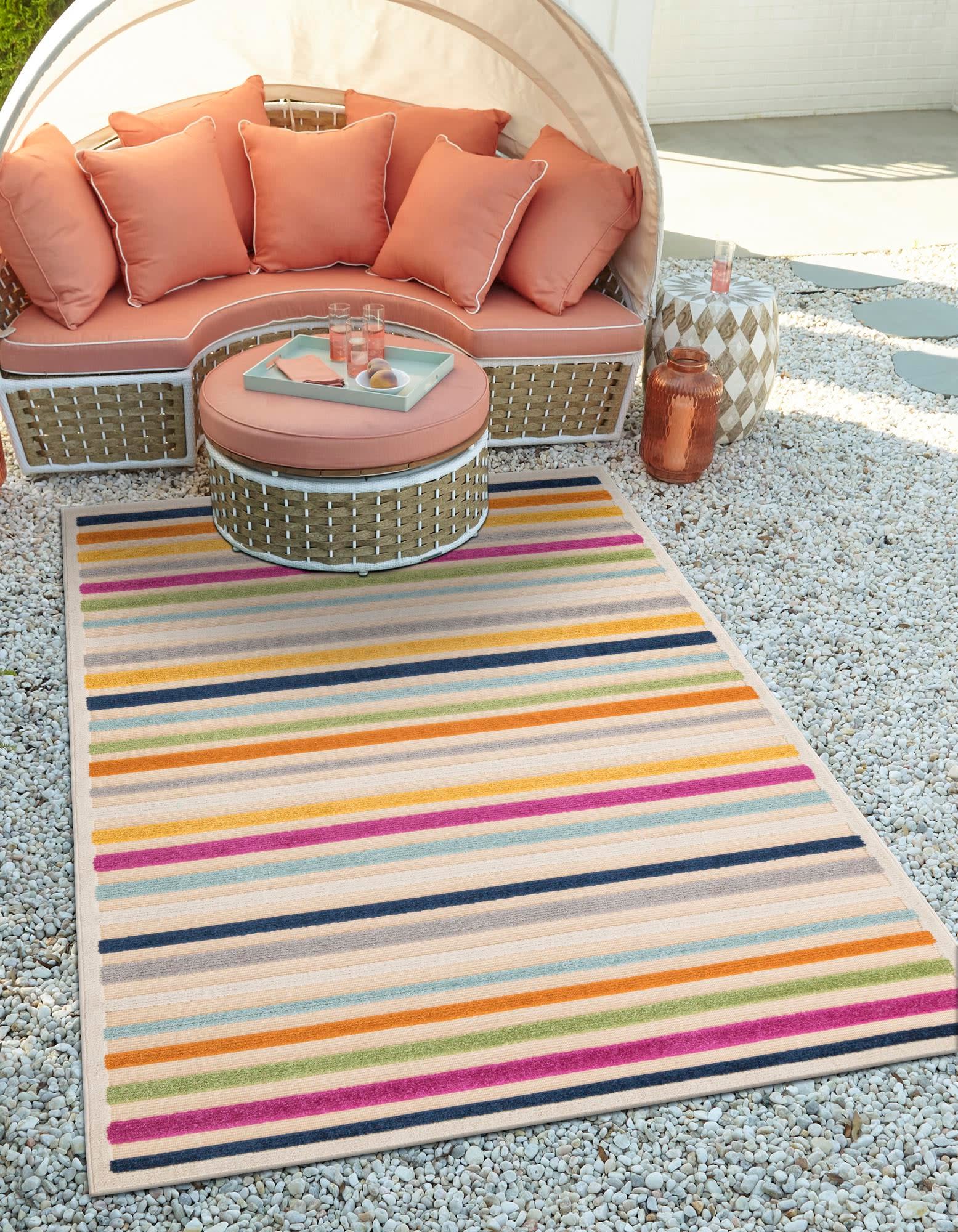 Unique Loom 3171076 Aruba Outdoor 8 x 10 (ft) Loomed Polypropylene Beige Rectangular Indoor/Outdoor Stripe Area rug