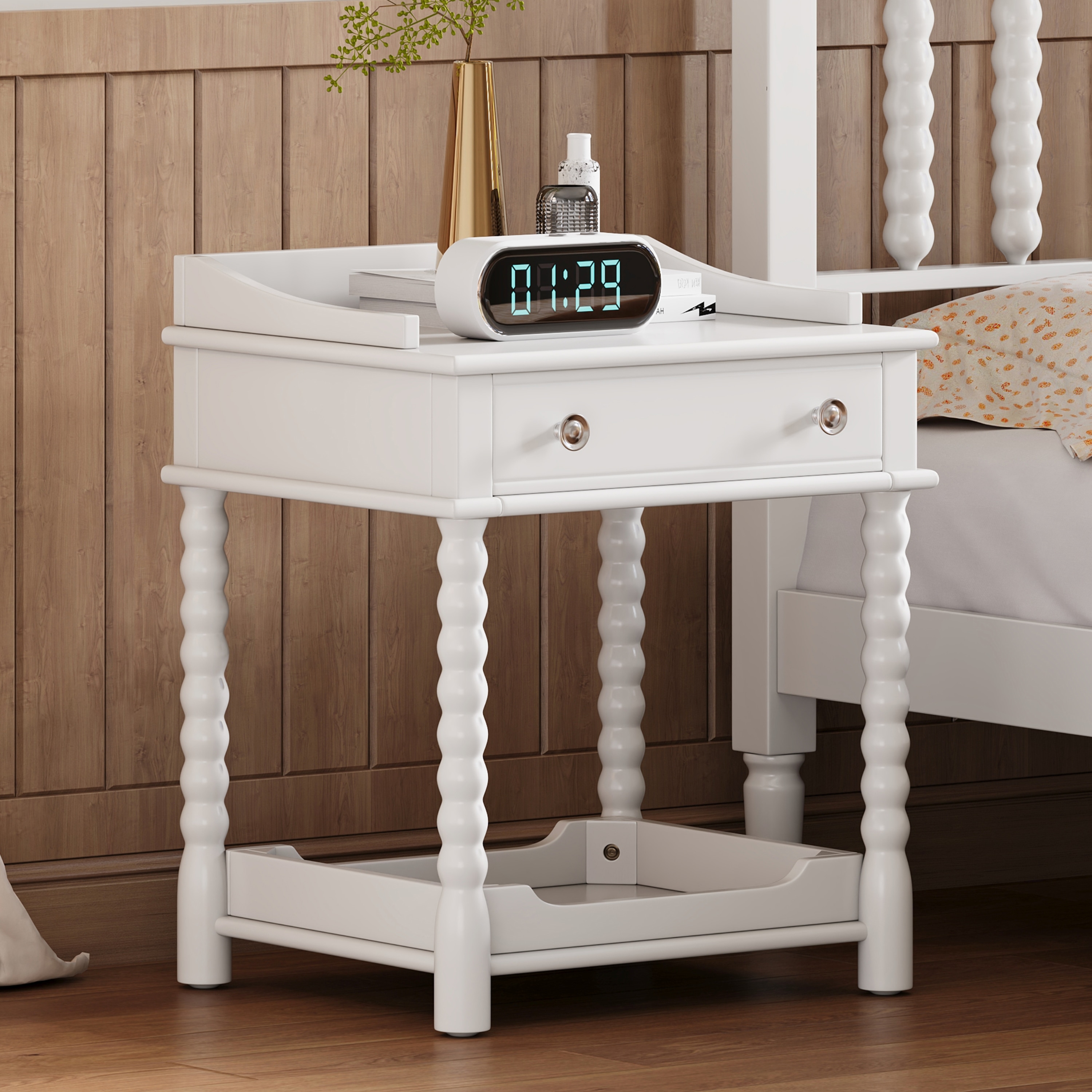 ModernLuxe L3P-N733P206240K Retro Style Nightstand with Drawer and Open Shelf for BedroomBedside Table with Turned Legs and Metal HandleWhite