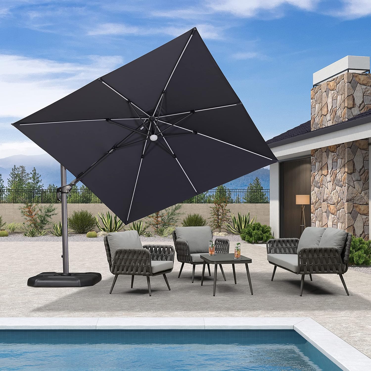 PURPLE LEAF LS04XHSXT10-GY-NEW 10-ft Aluminum Gray Crank Cantilever Patio Umbrella with Lights and