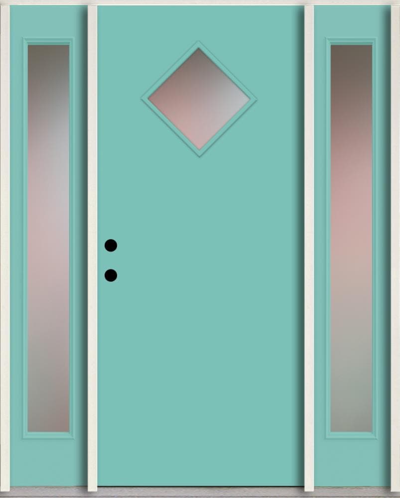 RELIABILT LO1067383 Spotlights 60-in x 80-in x 4-5/8-in Fiberglass 1/4 lite Right-hand inswing Caribbean blue paint Painted Prehung Front Door with Sidelights Insulating core