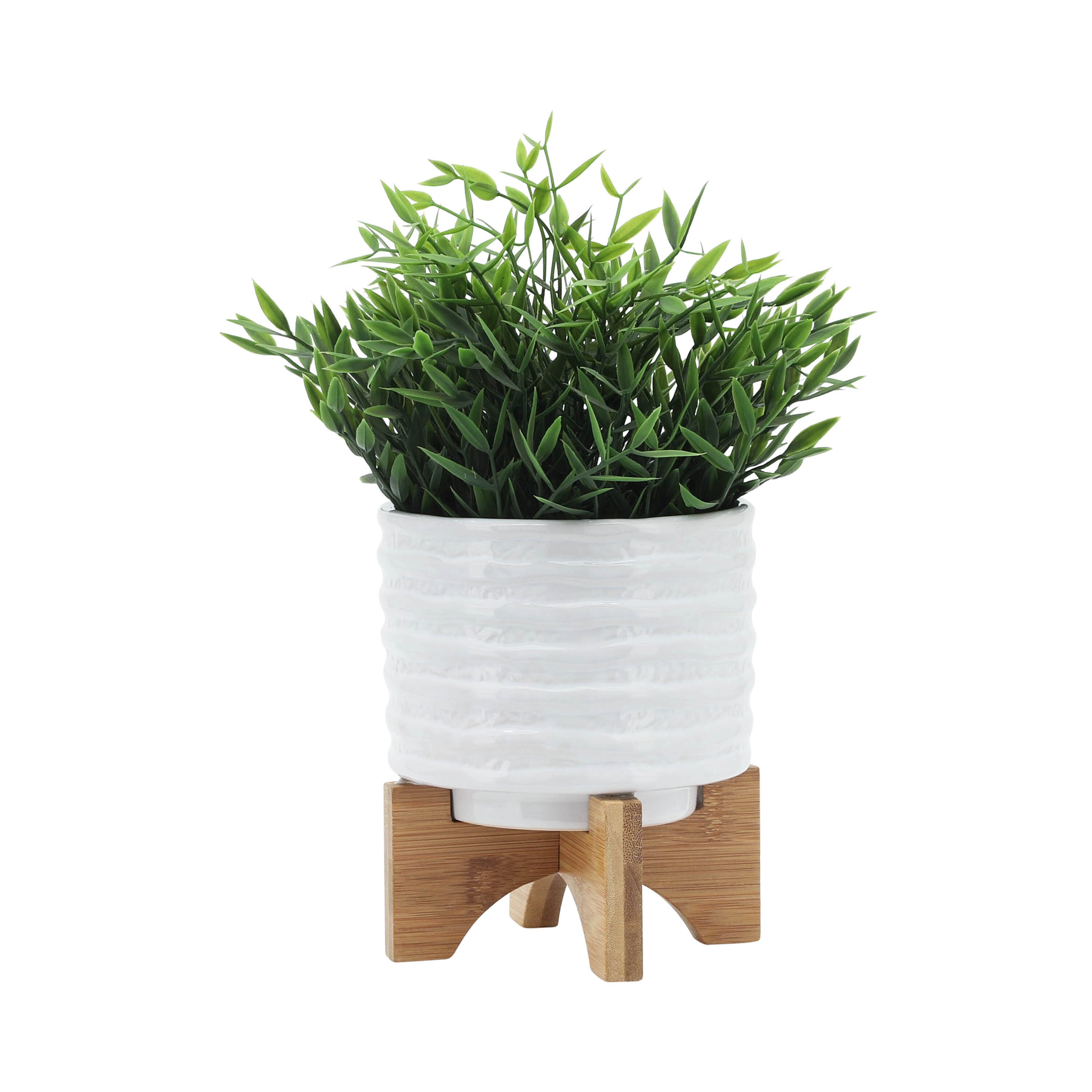 Elegant White Stripe Ceramic Planter with Wooden Stand, 6"x8"